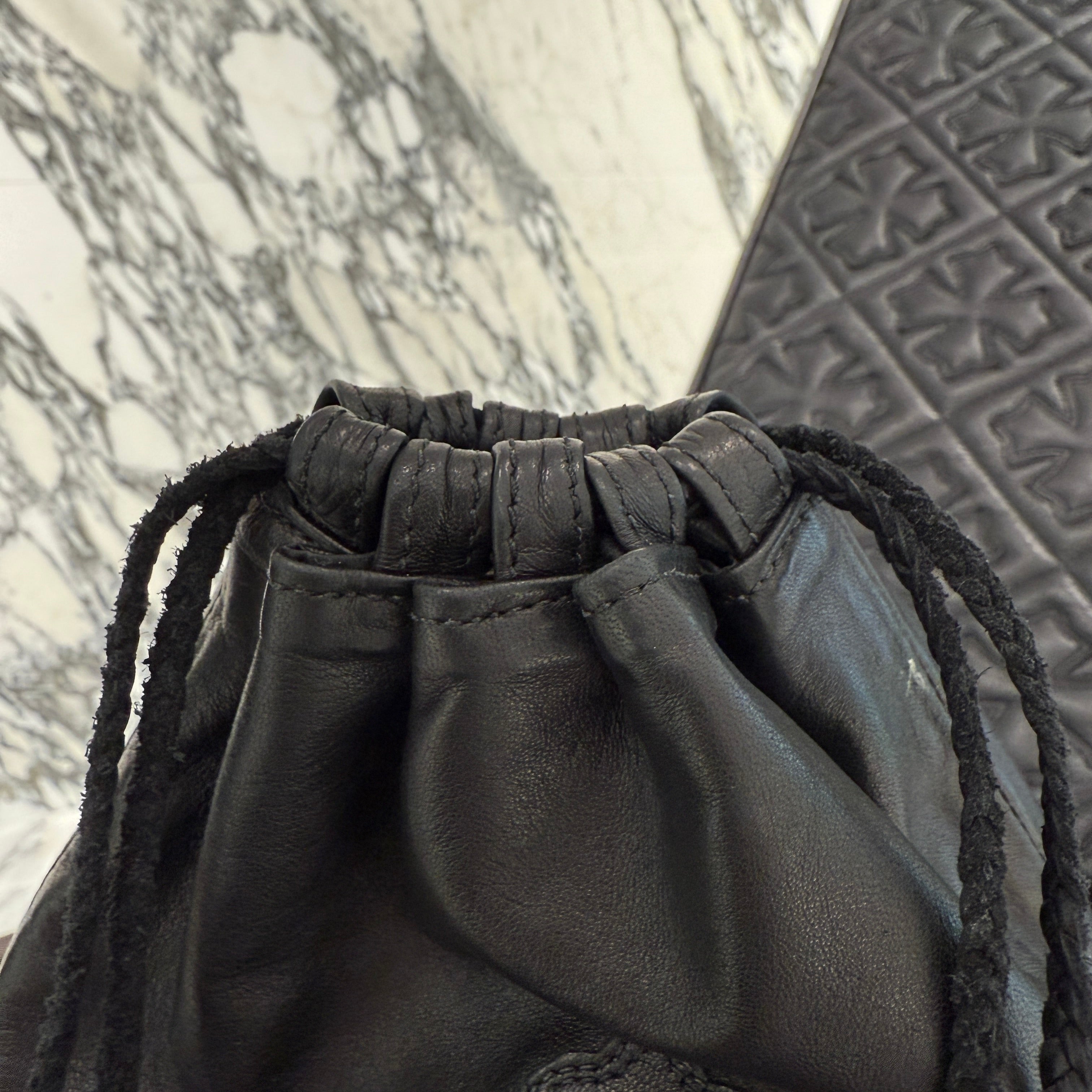 CHROME HEARTS Leather Cross Patch Drawstring Sack Leather Bag クロムハーツ レザークロスパッチ ドローストリング サックレザーバッグ 巾着