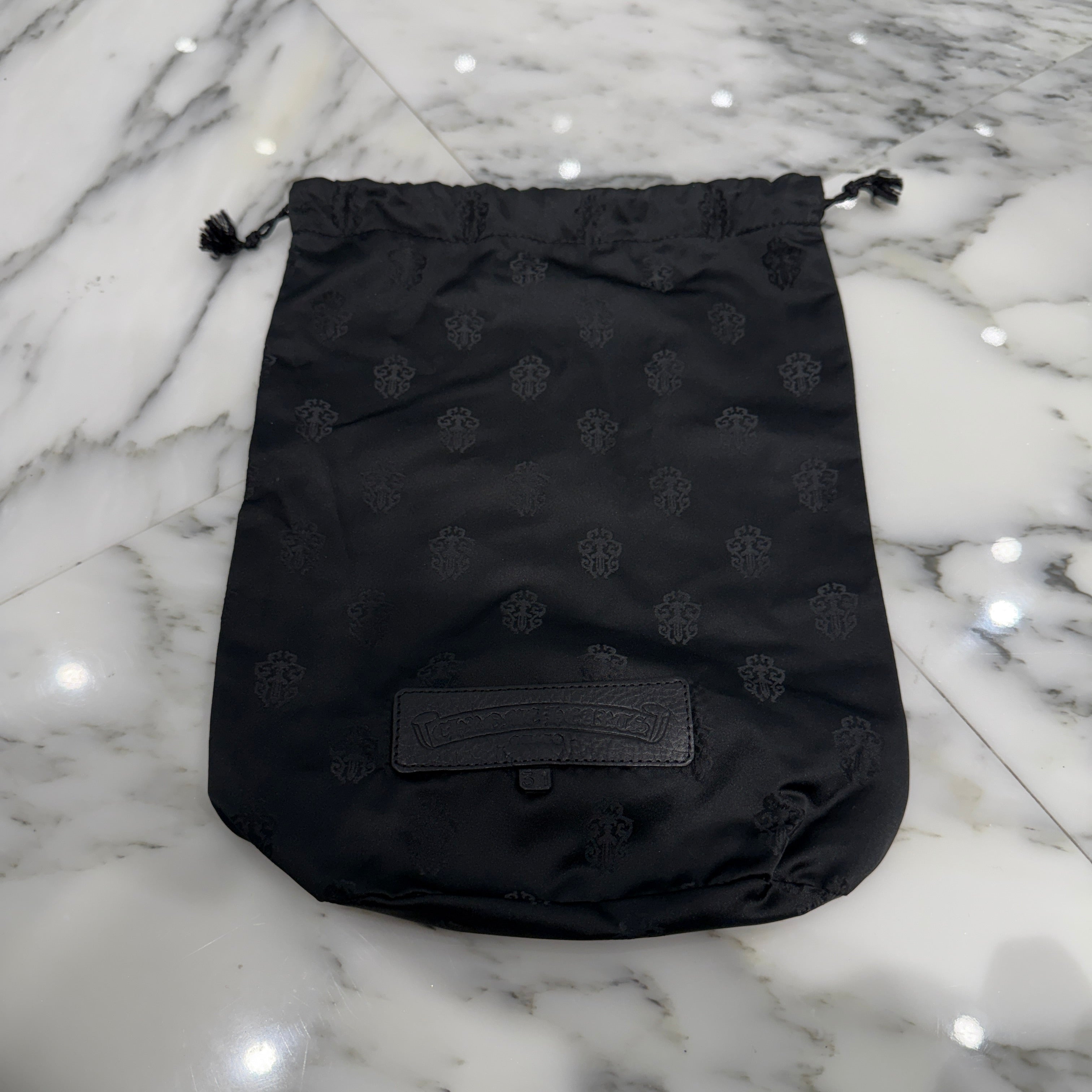 CHROME HEARTS Leather Cross Patch Drawstring Sack Leather Bag クロムハーツ レザークロスパッチ ドローストリング サックレザーバッグ 巾着