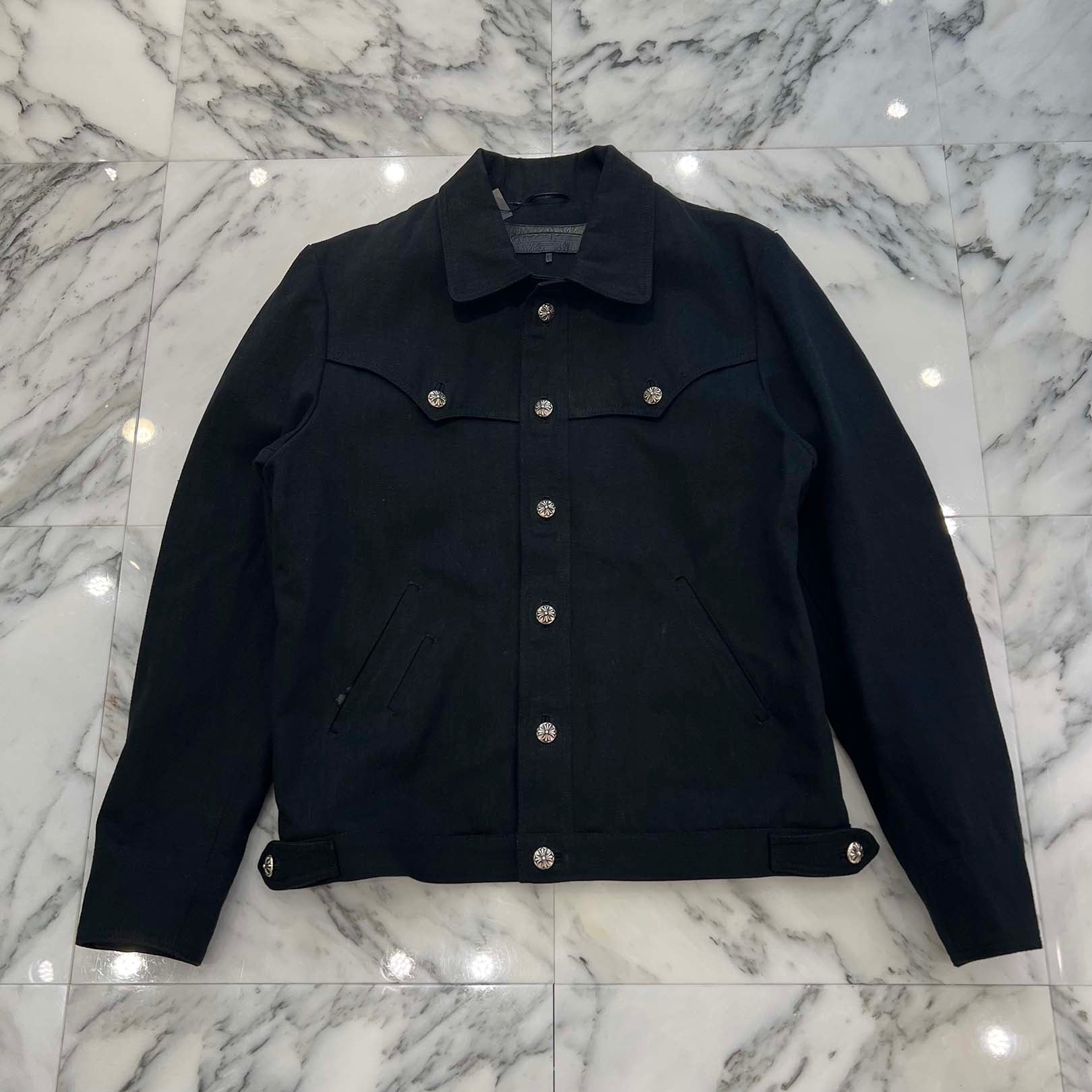 CHROME HEARTS Floral Cross Leather Patch Flare Knee Sleeve Denim Jacket Size M クロムハーツ フローラルクロス レザーパッチ フレアニー スリーブ デニムジャケット サイズM