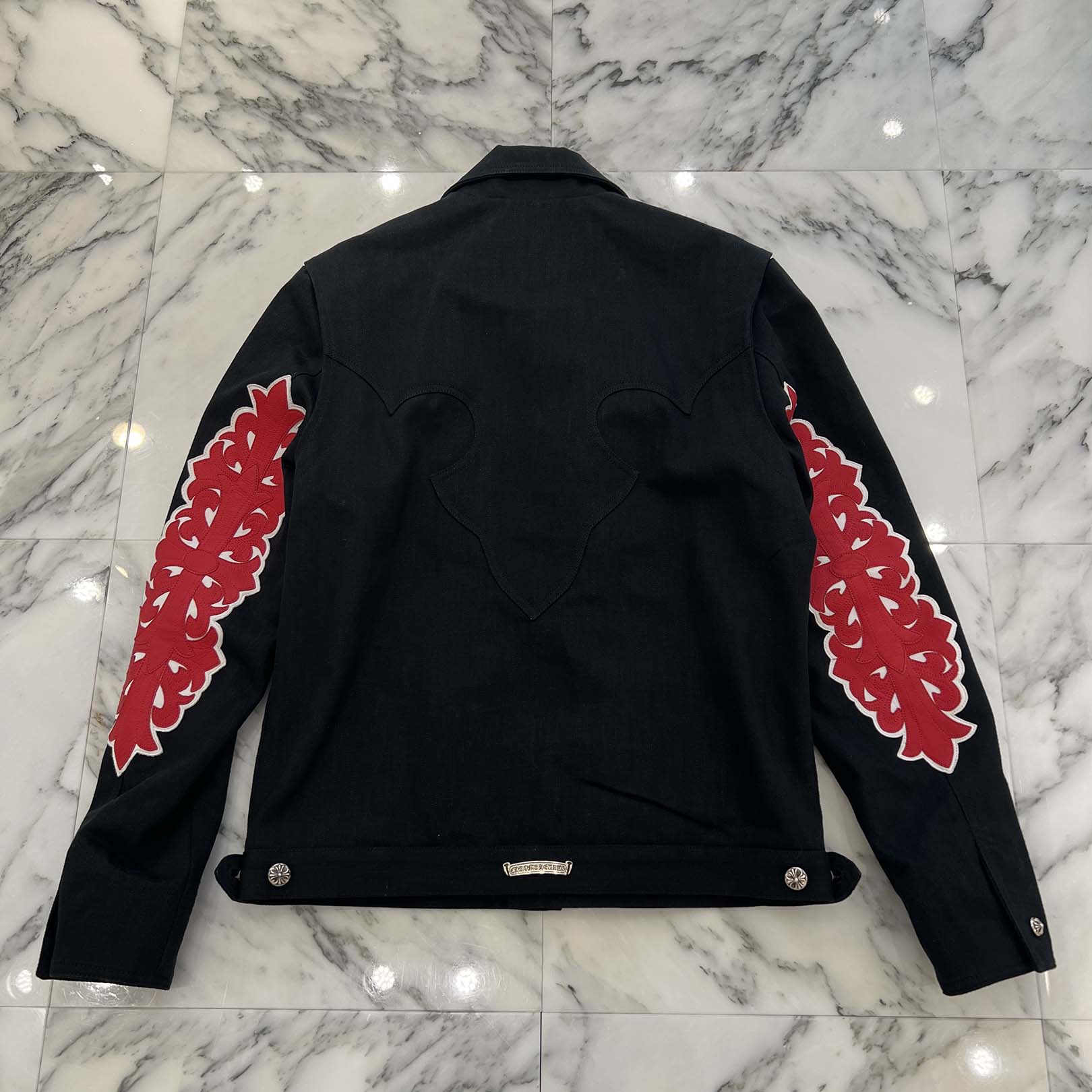 CHROME HEARTS Floral Cross Leather Patch Flare Knee Sleeve Denim Jacket Size M クロムハーツ フローラルクロス レザーパッチ フレアニー スリーブ デニムジャケット サイズM