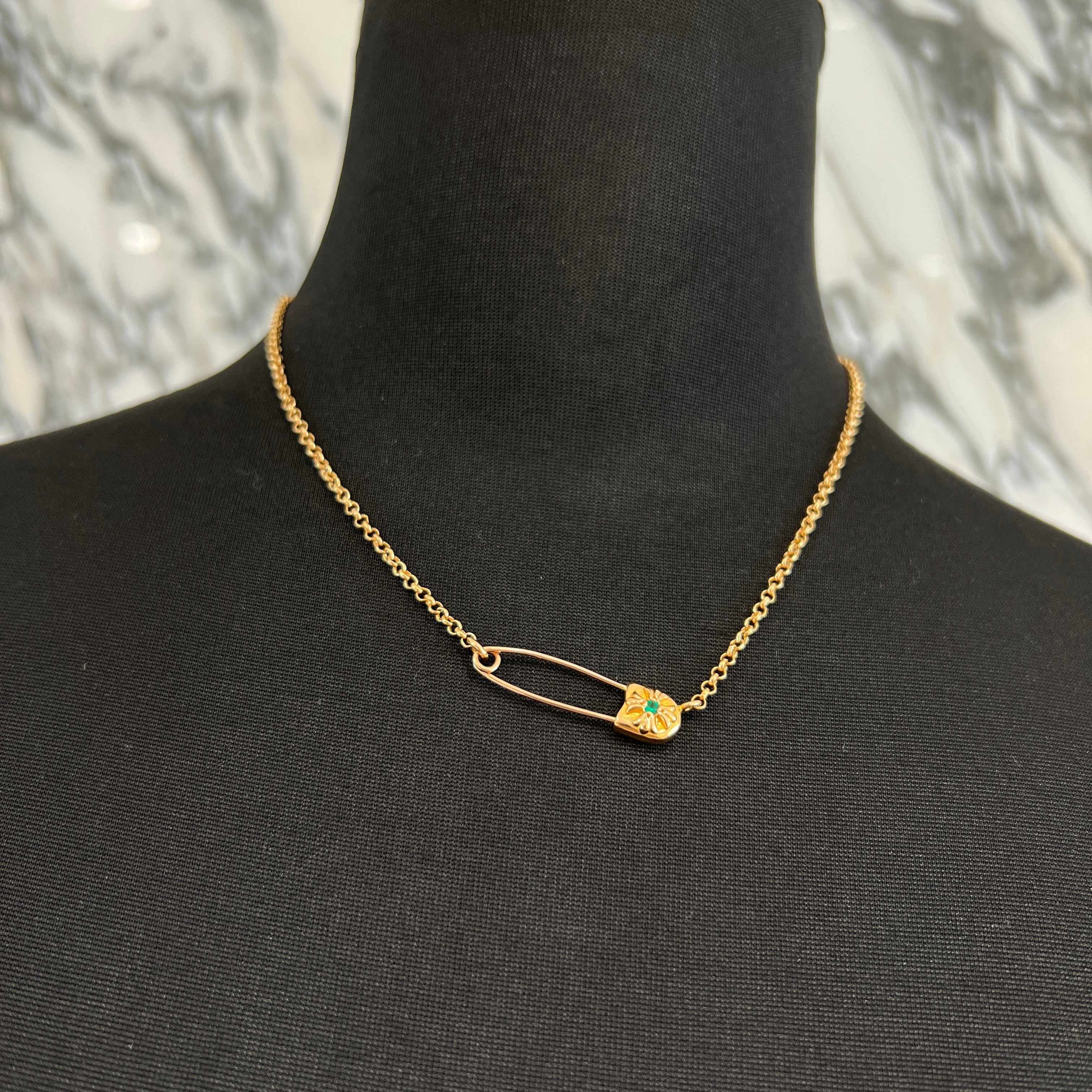 CHROME HEARTS 22K Safety Pin 1 Emerald Roll Chain Necklace Size 16 Inch クロムハーツ 22K セーフティピン 1エメラルド ロールチェーン ネックレス 16インチ