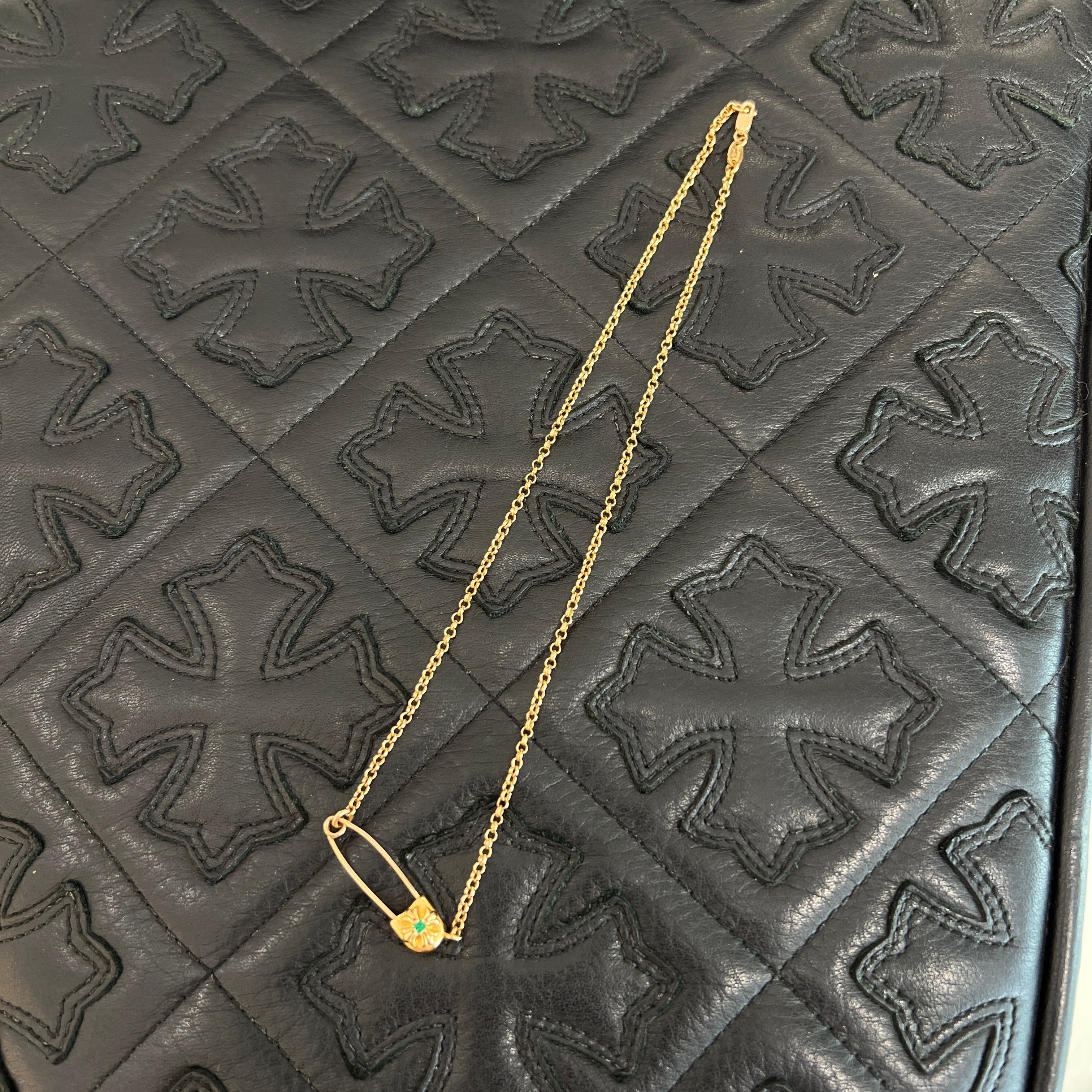 CHROME HEARTS 22K Safety Pin 1 Emerald Roll Chain Necklace Size 16 Inch クロムハーツ 22K セーフティピン 1エメラルド ロールチェーン ネックレス 16インチ