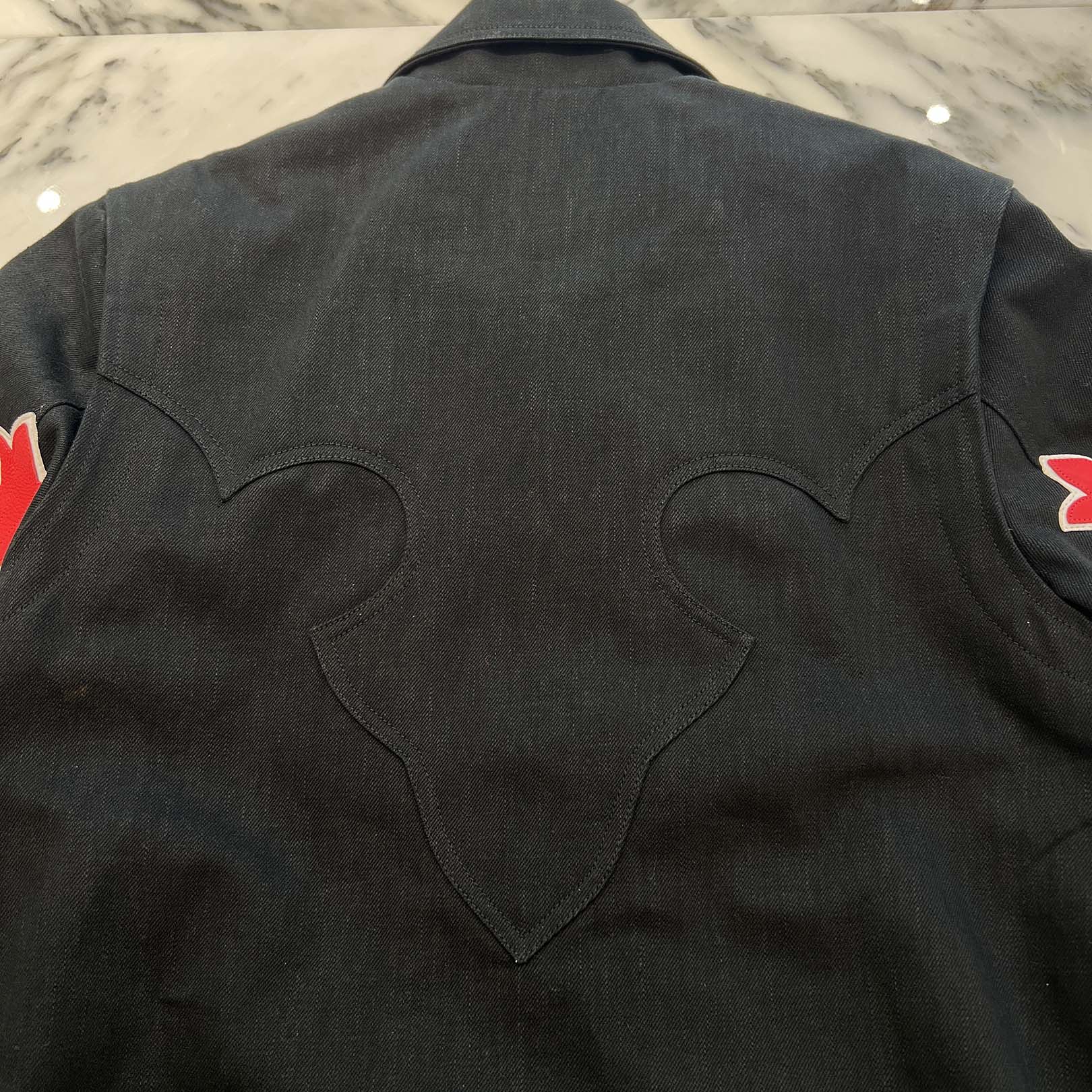 CHROME HEARTS Floral Cross Leather Patch Flare Knee Sleeve Denim Jacket Size M クロムハーツ フローラルクロス レザーパッチ フレアニー スリーブ デニムジャケット サイズM