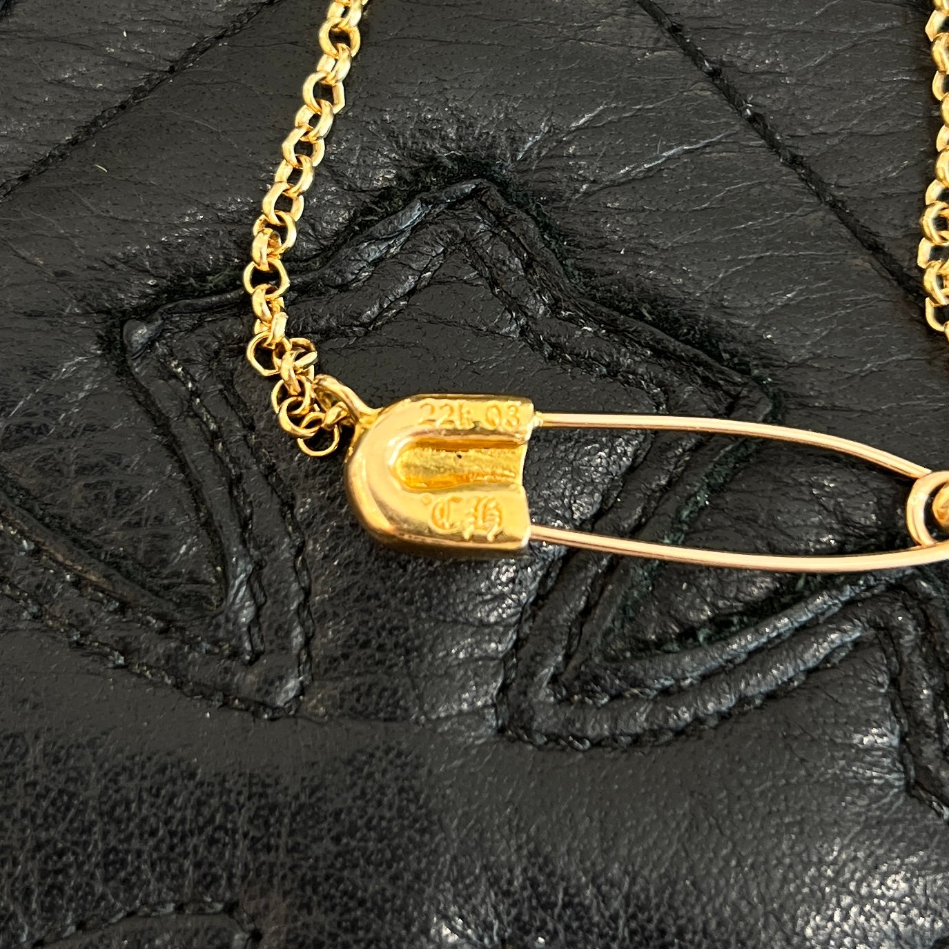 CHROME HEARTS 22K Safety Pin 1 Emerald Roll Chain Necklace Size 16 Inch クロムハーツ 22K セーフティピン 1エメラルド ロールチェーン ネックレス 16インチ