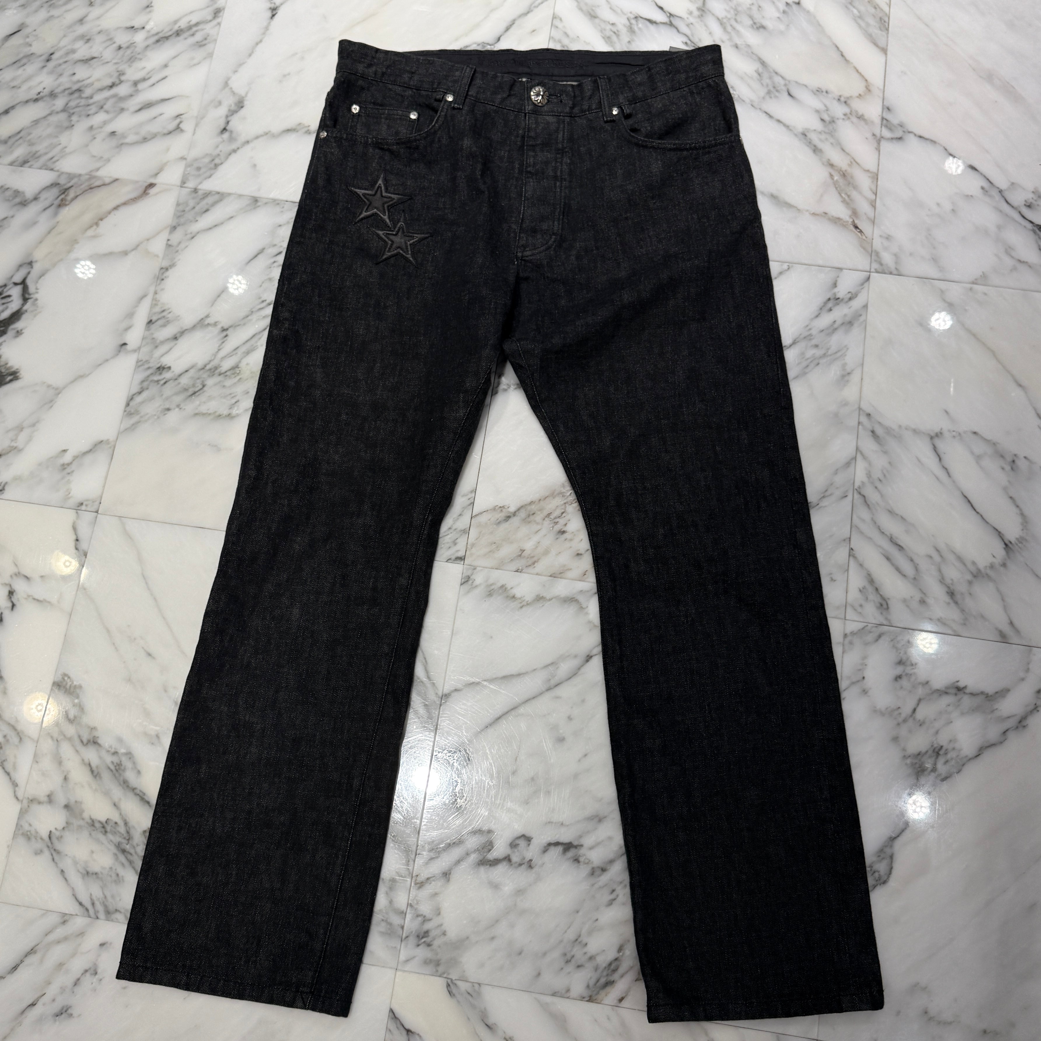 CHROME HEARTS Cross Ball Button Star Leather Patch Denim Pants Size 36 クロムハーツ クロスボールボタン スターレザーパッチ デニムパンツ サイズ36