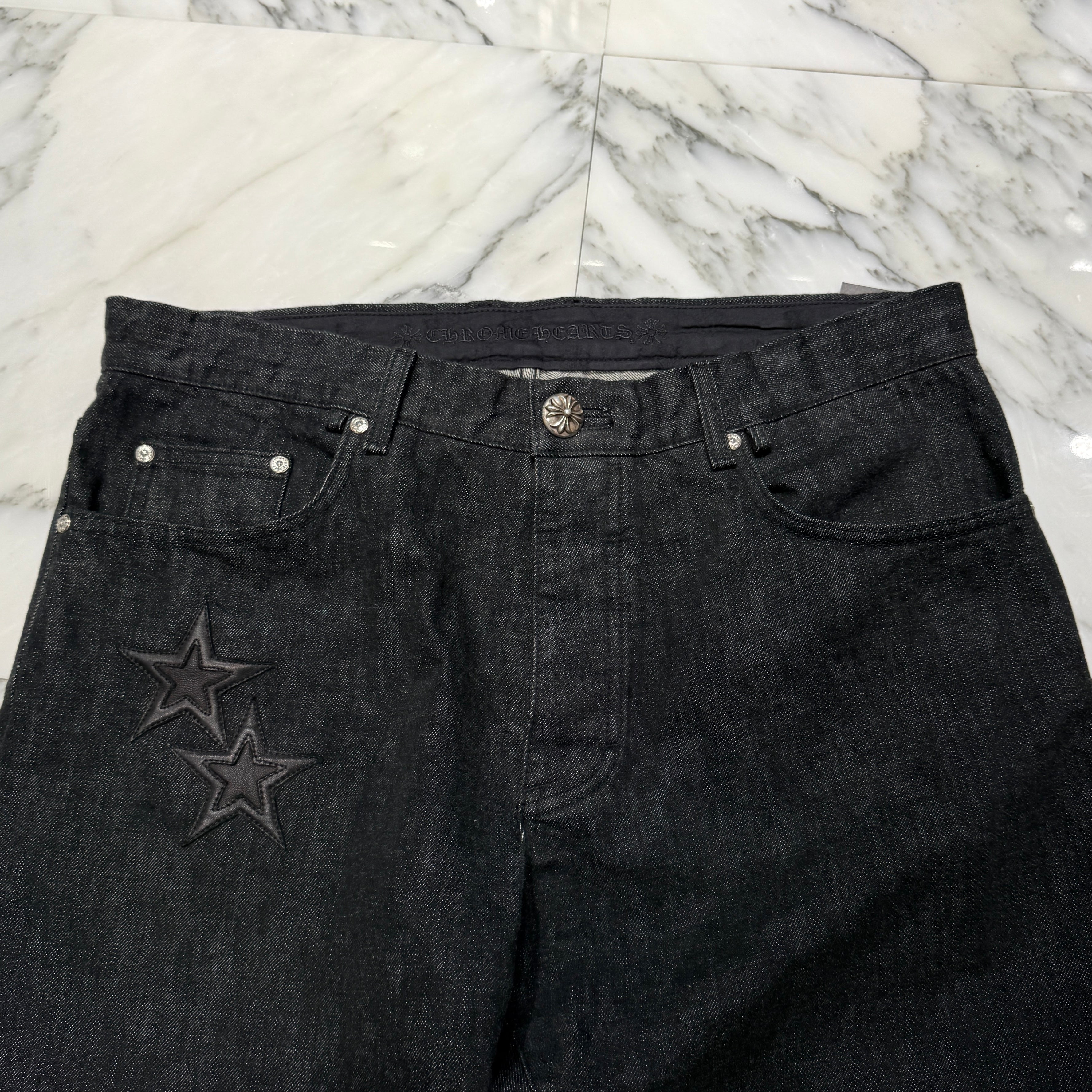 CHROME HEARTS Cross Ball Button Star Leather Patch Denim Pants Size 36 クロムハーツ クロスボールボタン スターレザーパッチ デニムパンツ サイズ36