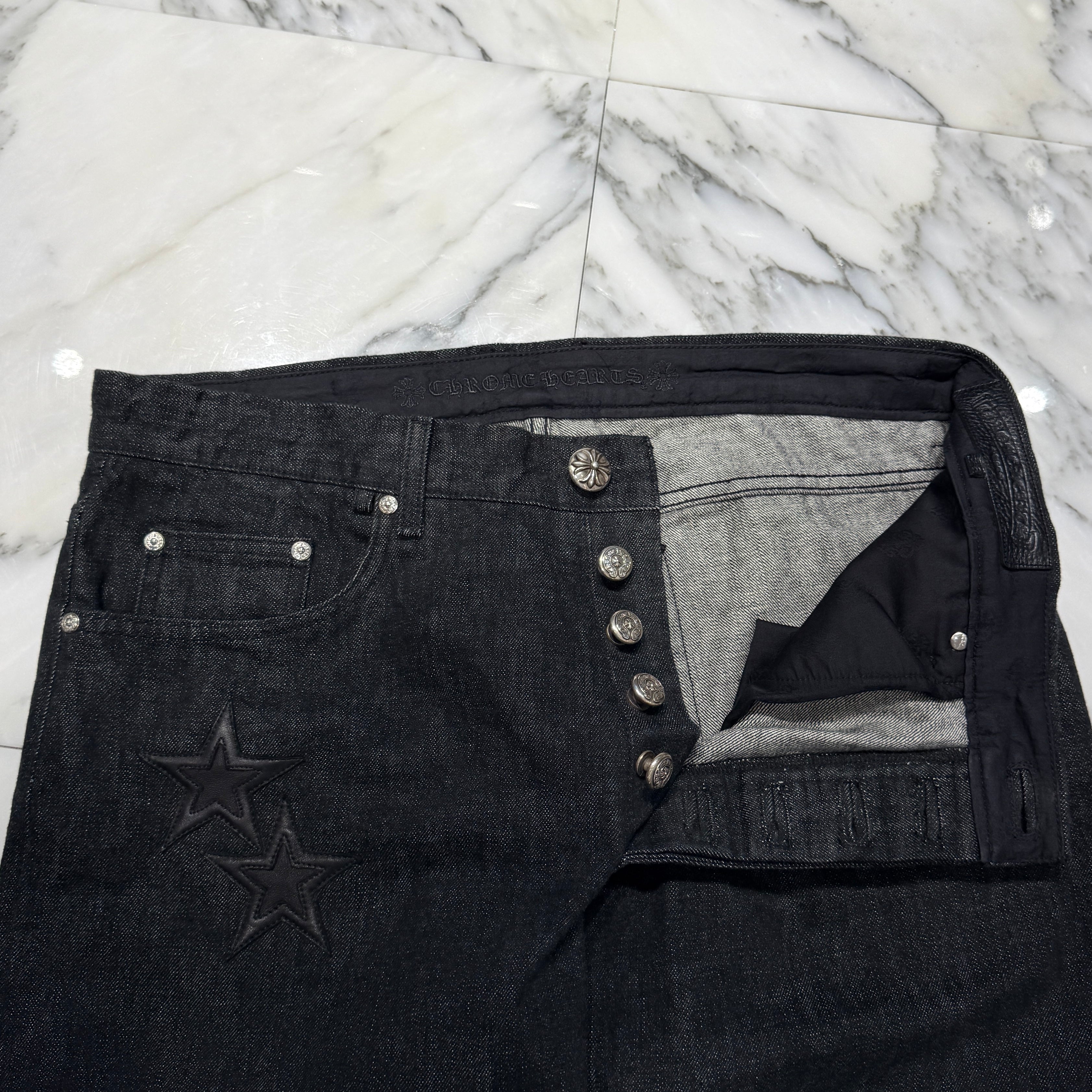 CHROME HEARTS Cross Ball Button Star Leather Patch Denim Pants Size 36 クロムハーツ クロスボールボタン スターレザーパッチ デニムパンツ サイズ36