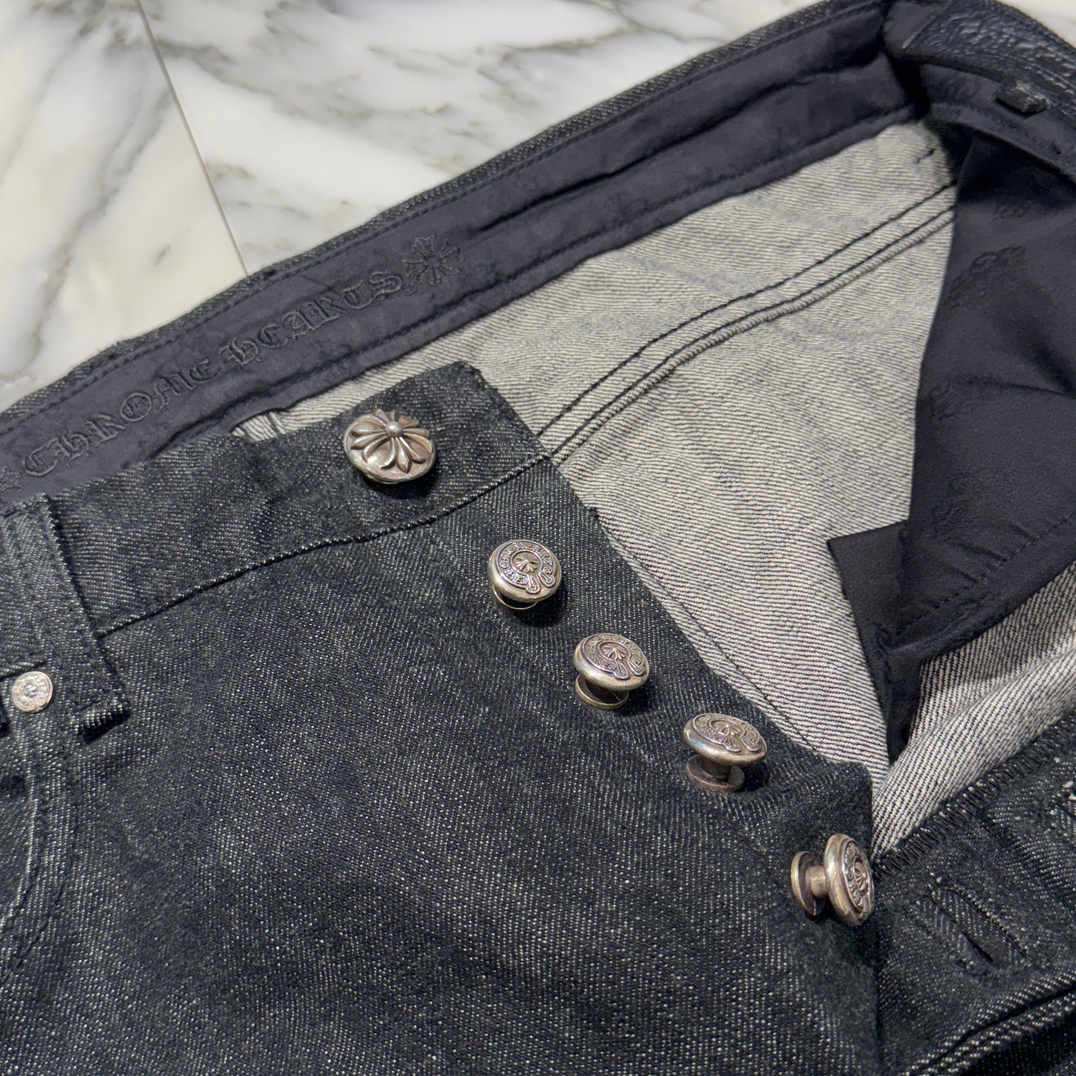 CHROME HEARTS Cross Ball Button Star Leather Patch Denim Pants Size 36 クロムハーツ クロスボールボタン スターレザーパッチ デニムパンツ サイズ36