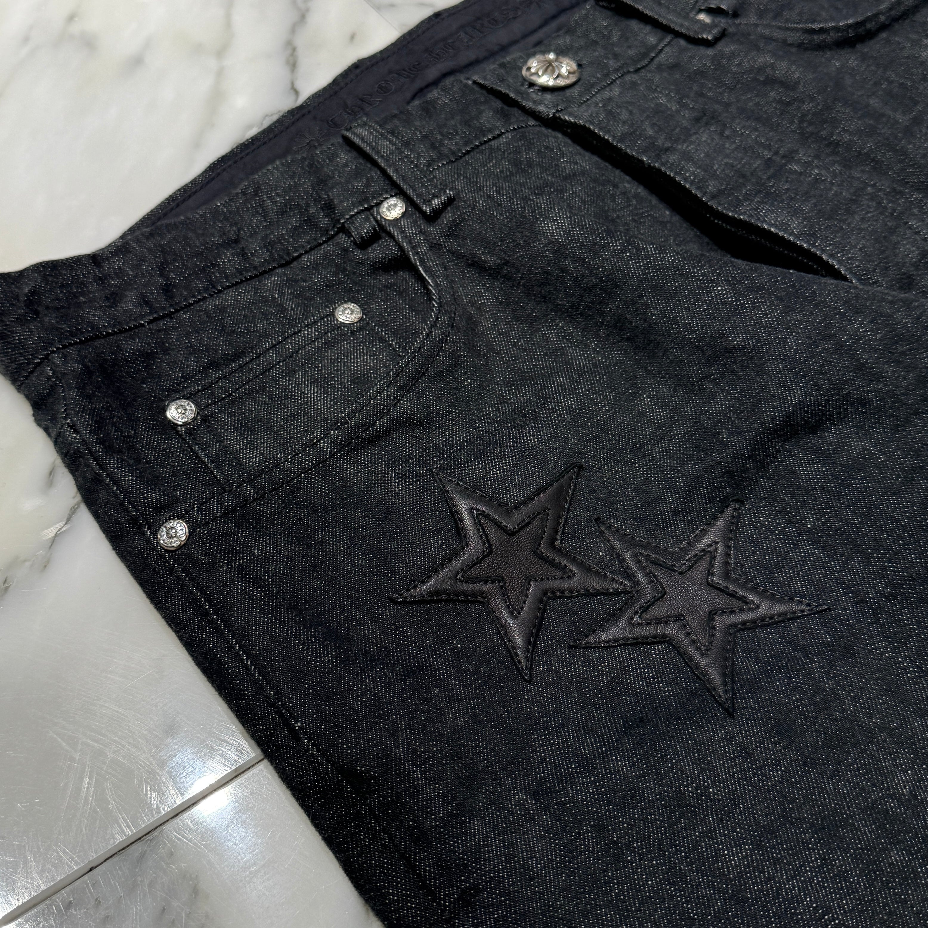 CHROME HEARTS Cross Ball Button Star Leather Patch Denim Pants Size 36 クロムハーツ クロスボールボタン スターレザーパッチ デニムパンツ サイズ36