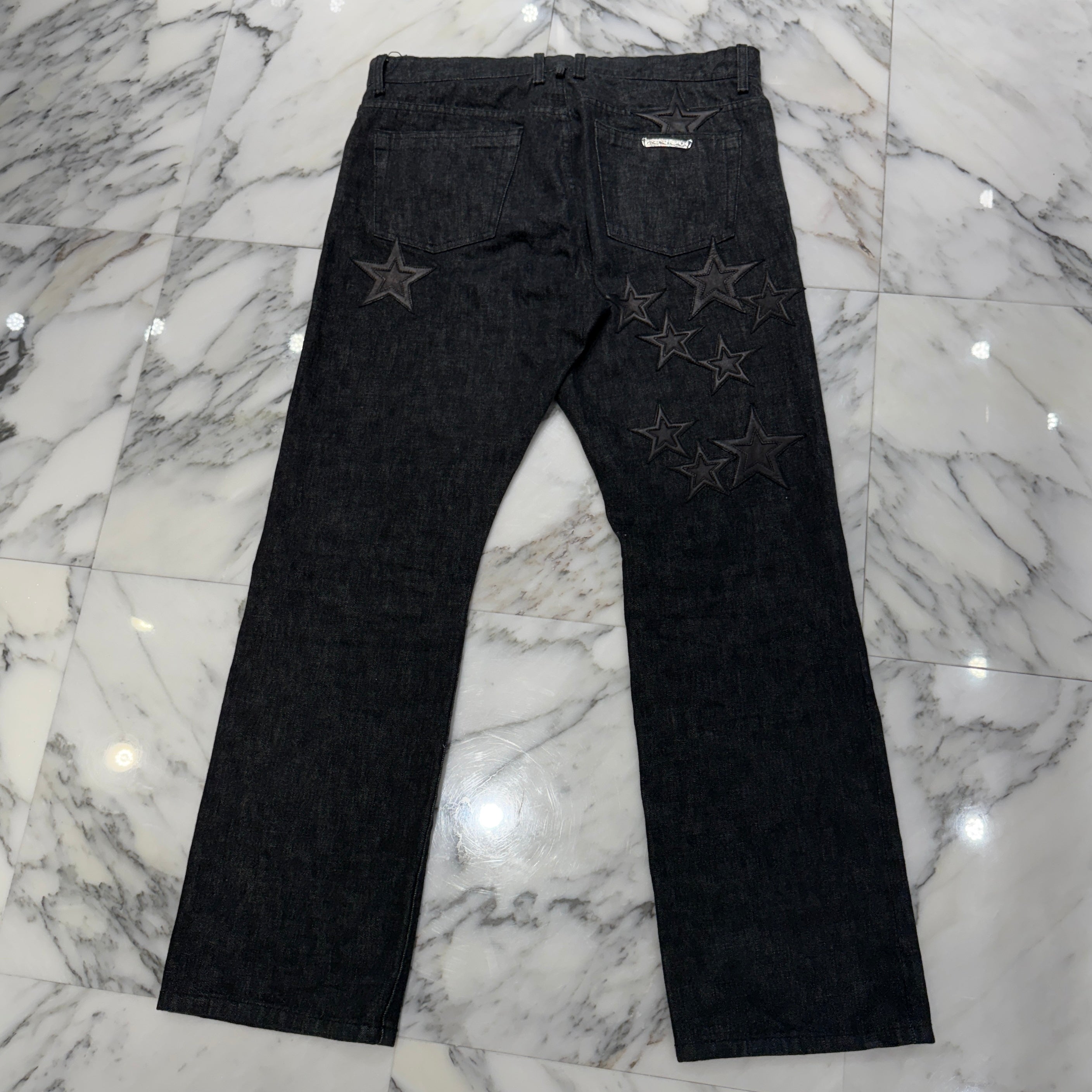 CHROME HEARTS Cross Ball Button Star Leather Patch Denim Pants Size 36 クロムハーツ クロスボールボタン スターレザーパッチ デニムパンツ サイズ36