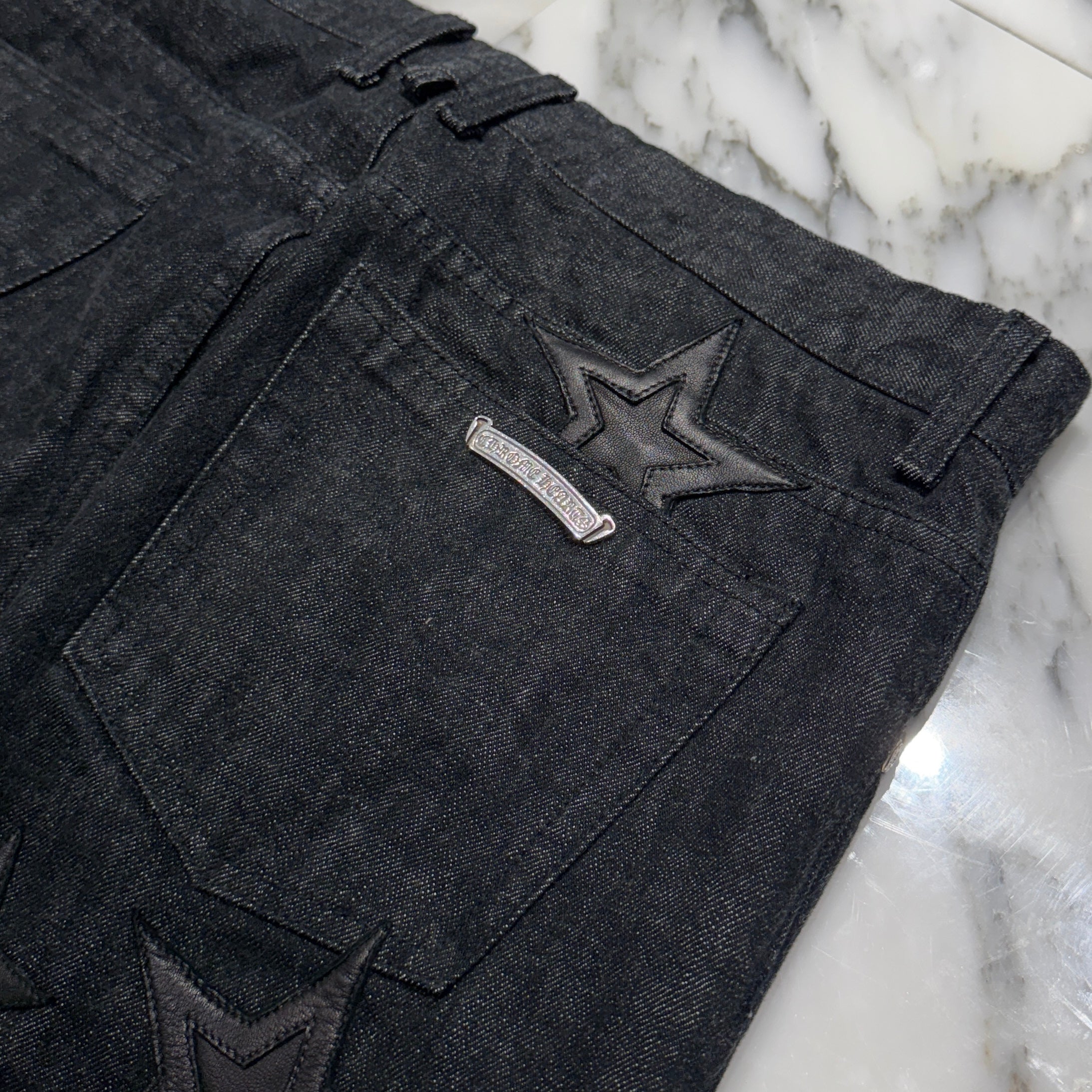 CHROME HEARTS Cross Ball Button Star Leather Patch Denim Pants Size 36 クロムハーツ クロスボールボタン スターレザーパッチ デニムパンツ サイズ36