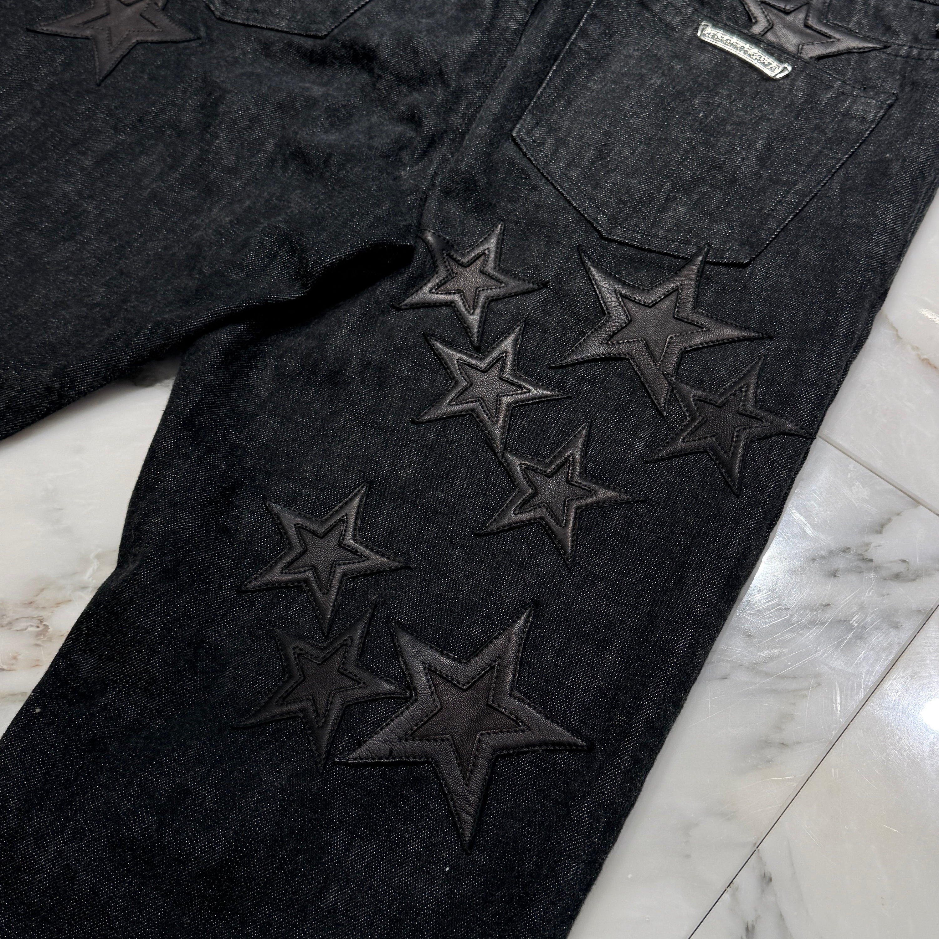 CHROME HEARTS Cross Ball Button Star Leather Patch Denim Pants Size 36 クロムハーツ クロスボールボタン スターレザーパッチ デニムパンツ サイズ36
