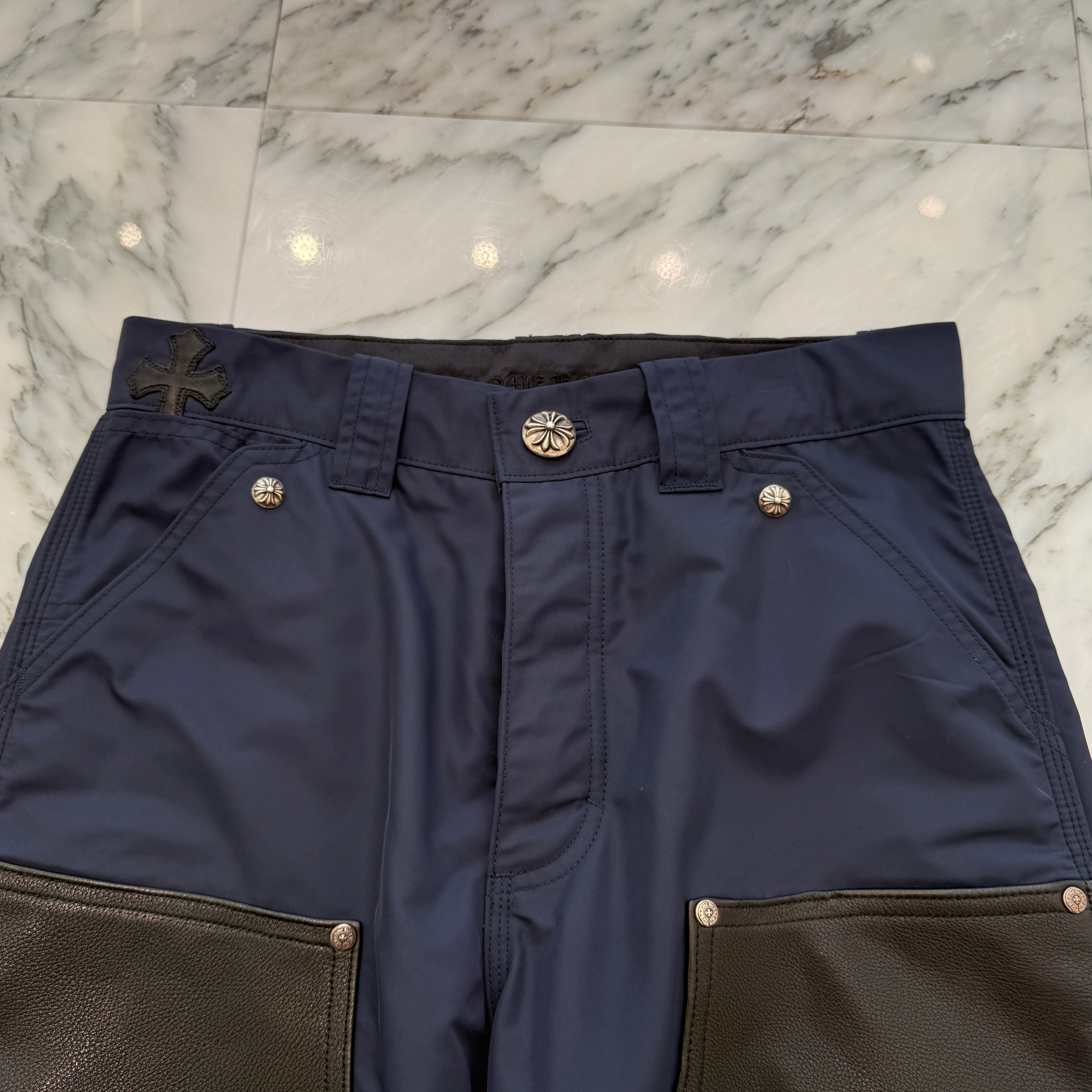 CHROME HEARTS Carpenter Leather Double Knee Nylon Leather Cross Patch Pants Size 28 クロムハーツ カーペンター レザーダブルニー ナイロン レザークロスパッチ ロングパンツ サイズ28