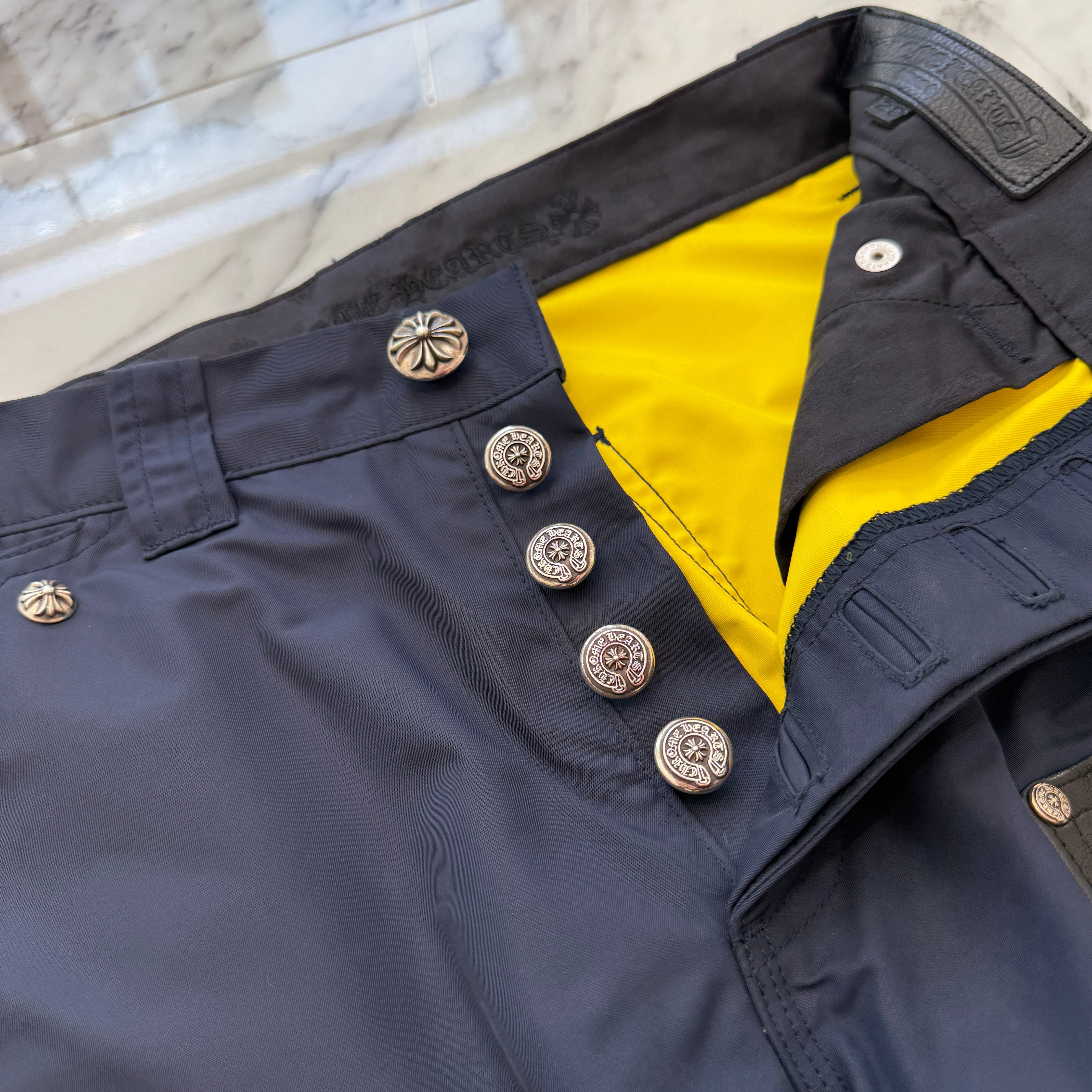 CHROME HEARTS Carpenter Leather Double Knee Nylon Leather Cross Patch Pants Size 28 クロムハーツ カーペンター レザーダブルニー ナイロン レザークロスパッチ ロングパンツ サイズ28