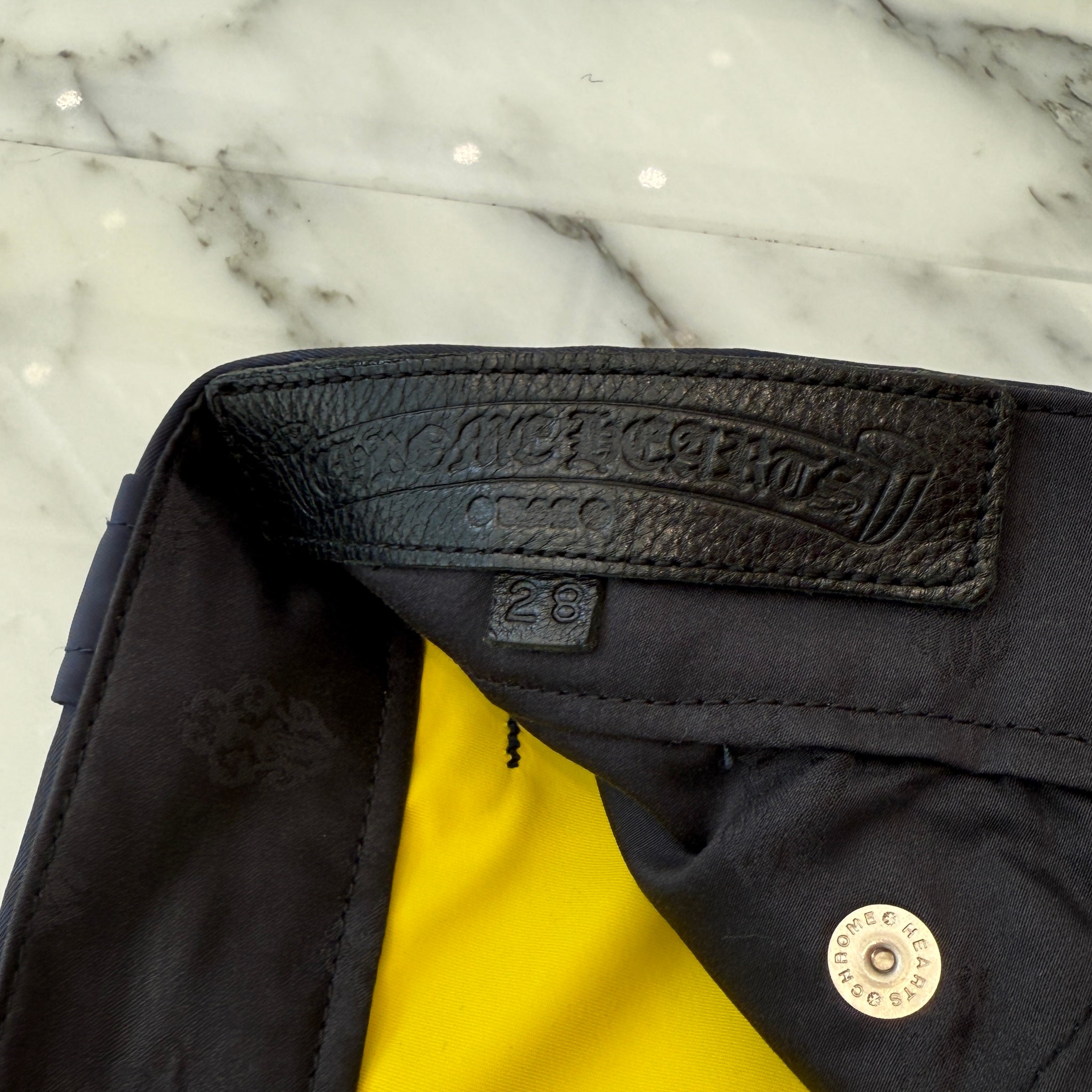 CHROME HEARTS Carpenter Leather Double Knee Nylon Leather Cross Patch Pants Size 28 クロムハーツ カーペンター レザーダブルニー ナイロン レザークロスパッチ ロングパンツ サイズ28