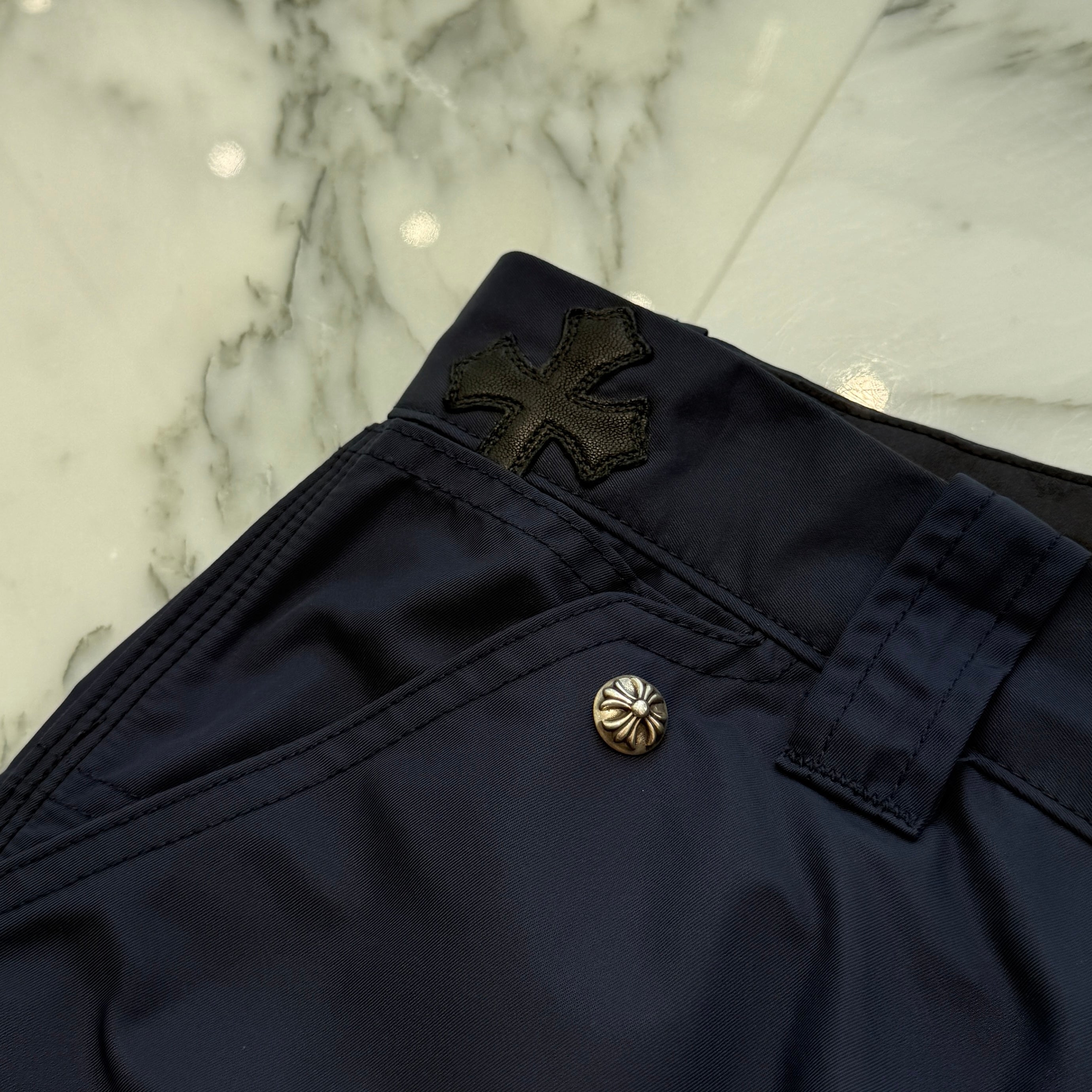 CHROME HEARTS Carpenter Leather Double Knee Nylon Leather Cross Patch Pants Size 28 クロムハーツ カーペンター レザーダブルニー ナイロン レザークロスパッチ ロングパンツ サイズ28