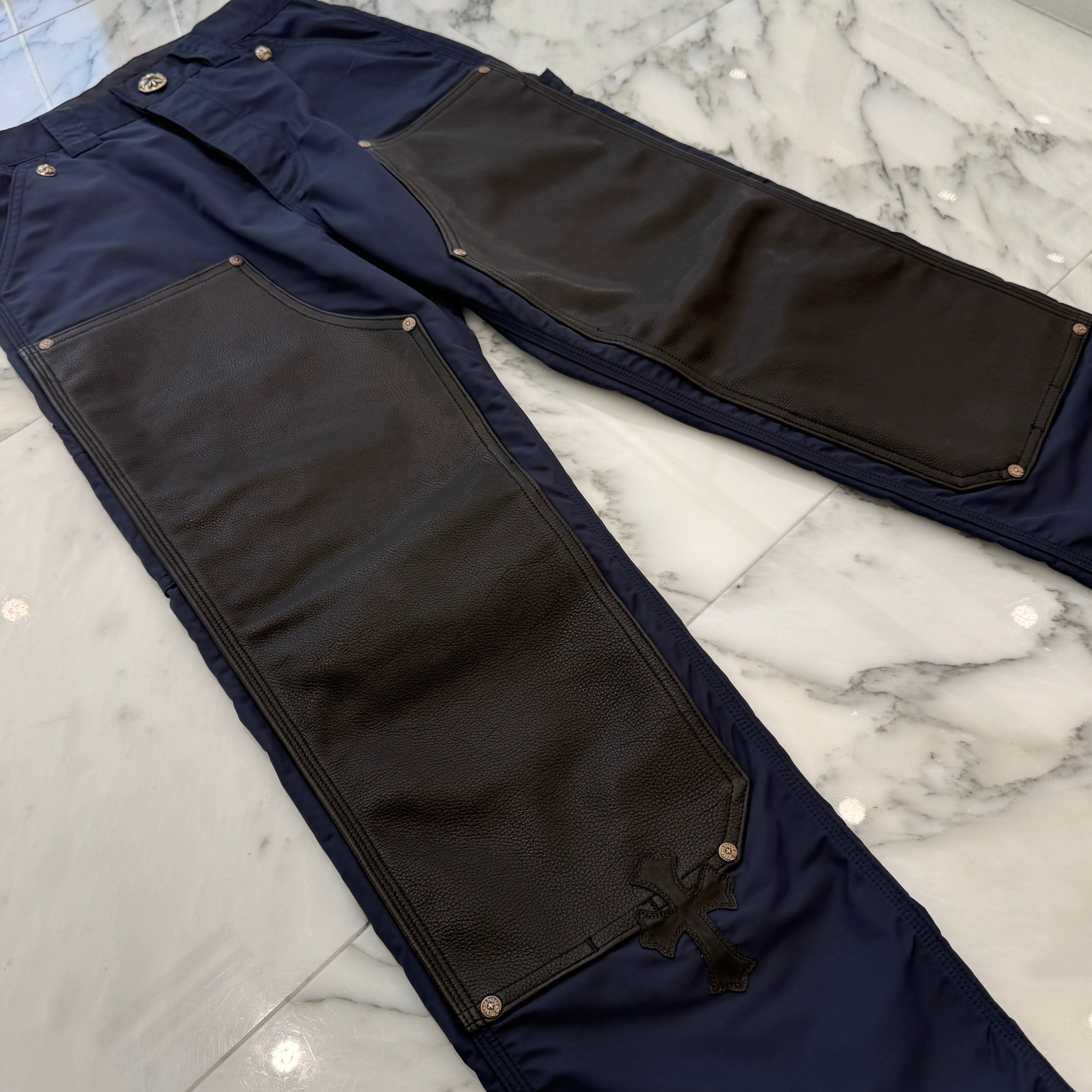CHROME HEARTS Carpenter Leather Double Knee Nylon Leather Cross Patch Pants Size 28 クロムハーツ カーペンター レザーダブルニー ナイロン レザークロスパッチ ロングパンツ サイズ28