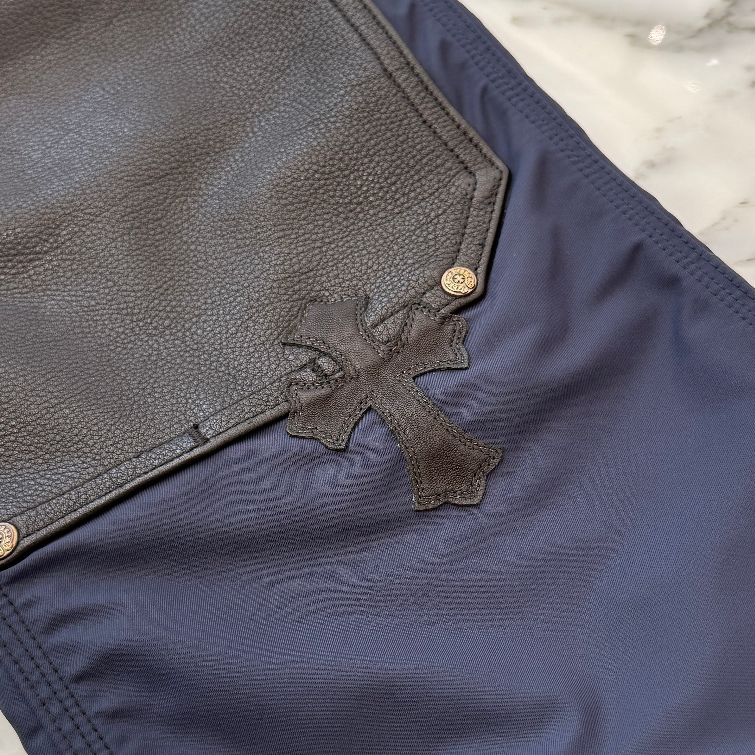 CHROME HEARTS Carpenter Leather Double Knee Nylon Leather Cross Patch Pants Size 28 クロムハーツ カーペンター レザーダブルニー ナイロン レザークロスパッチ ロングパンツ サイズ28