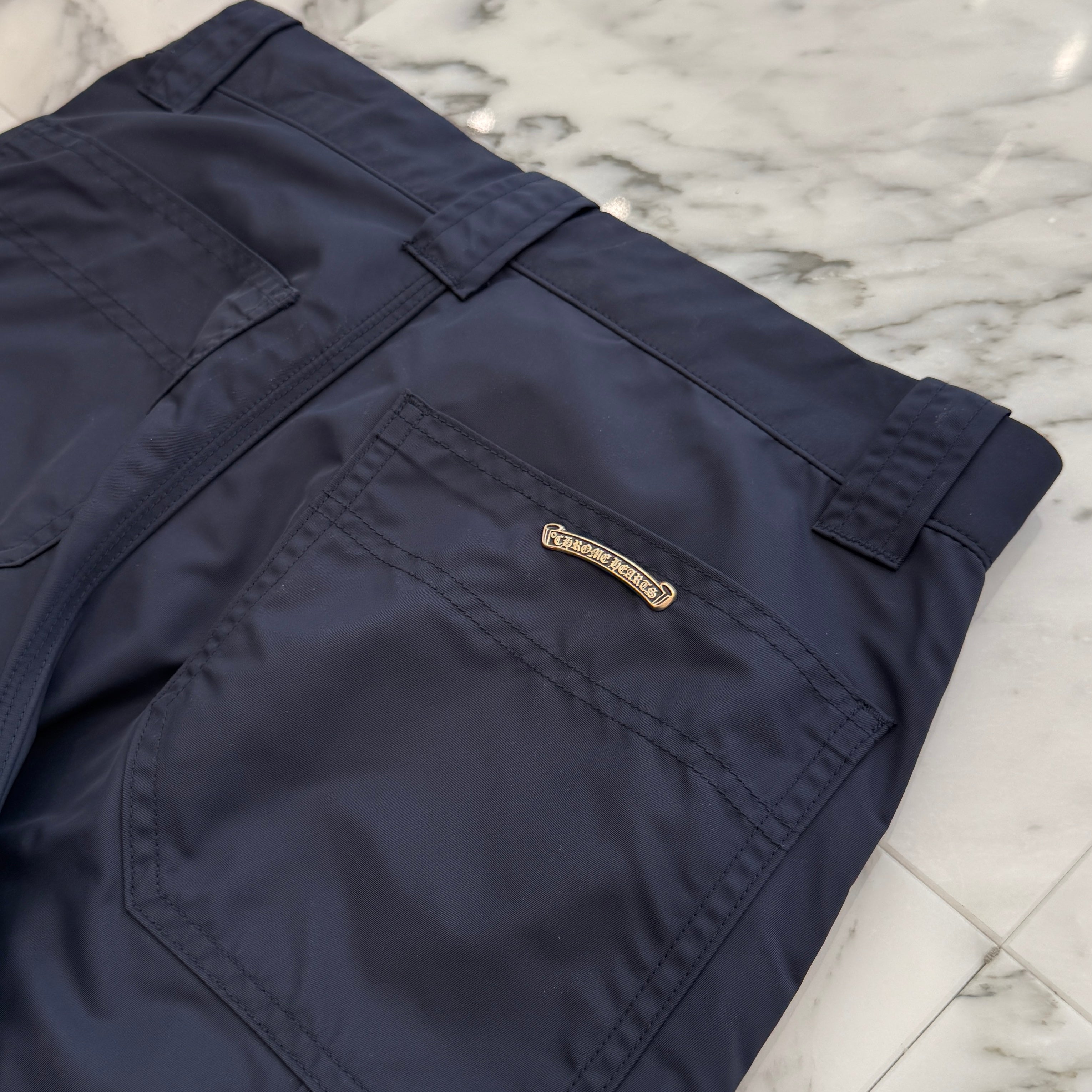 CHROME HEARTS Carpenter Leather Double Knee Nylon Leather Cross Patch Pants Size 28 クロムハーツ カーペンター レザーダブルニー ナイロン レザークロスパッチ ロングパンツ サイズ28