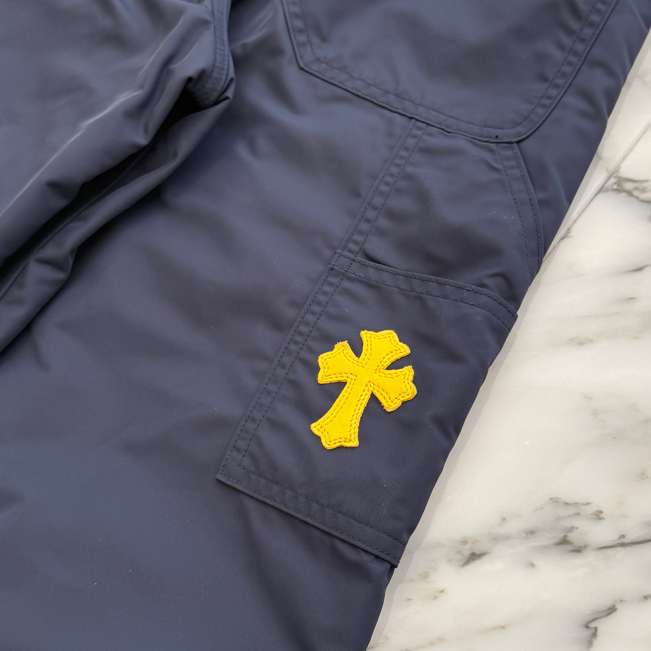 CHROME HEARTS Carpenter Leather Double Knee Nylon Leather Cross Patch Pants Size 28 クロムハーツ カーペンター レザーダブルニー ナイロン レザークロスパッチ ロングパンツ サイズ28