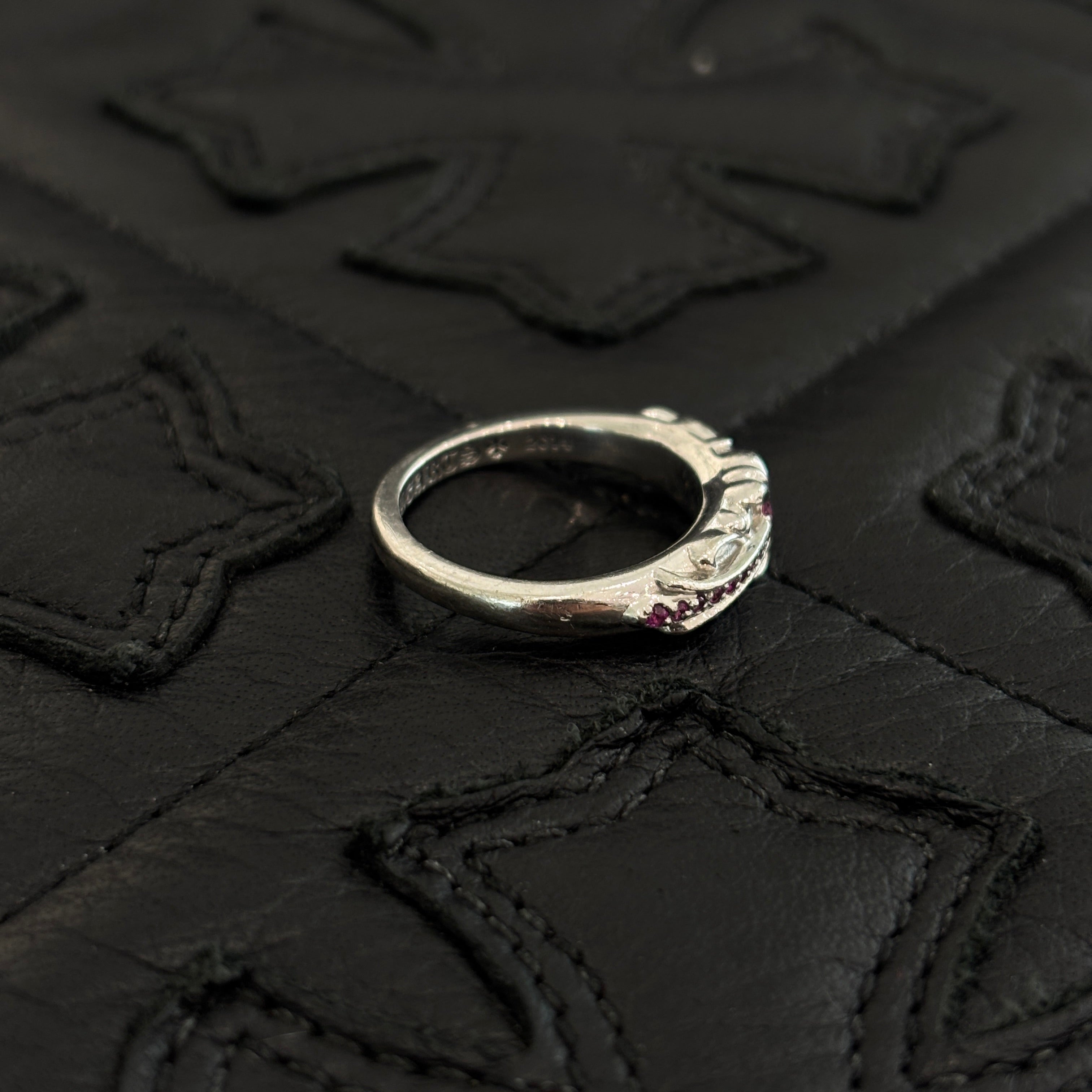 CHROME HEARTS 18K WG Baby Classic Floral Cross Pave Ruby Ring 13号