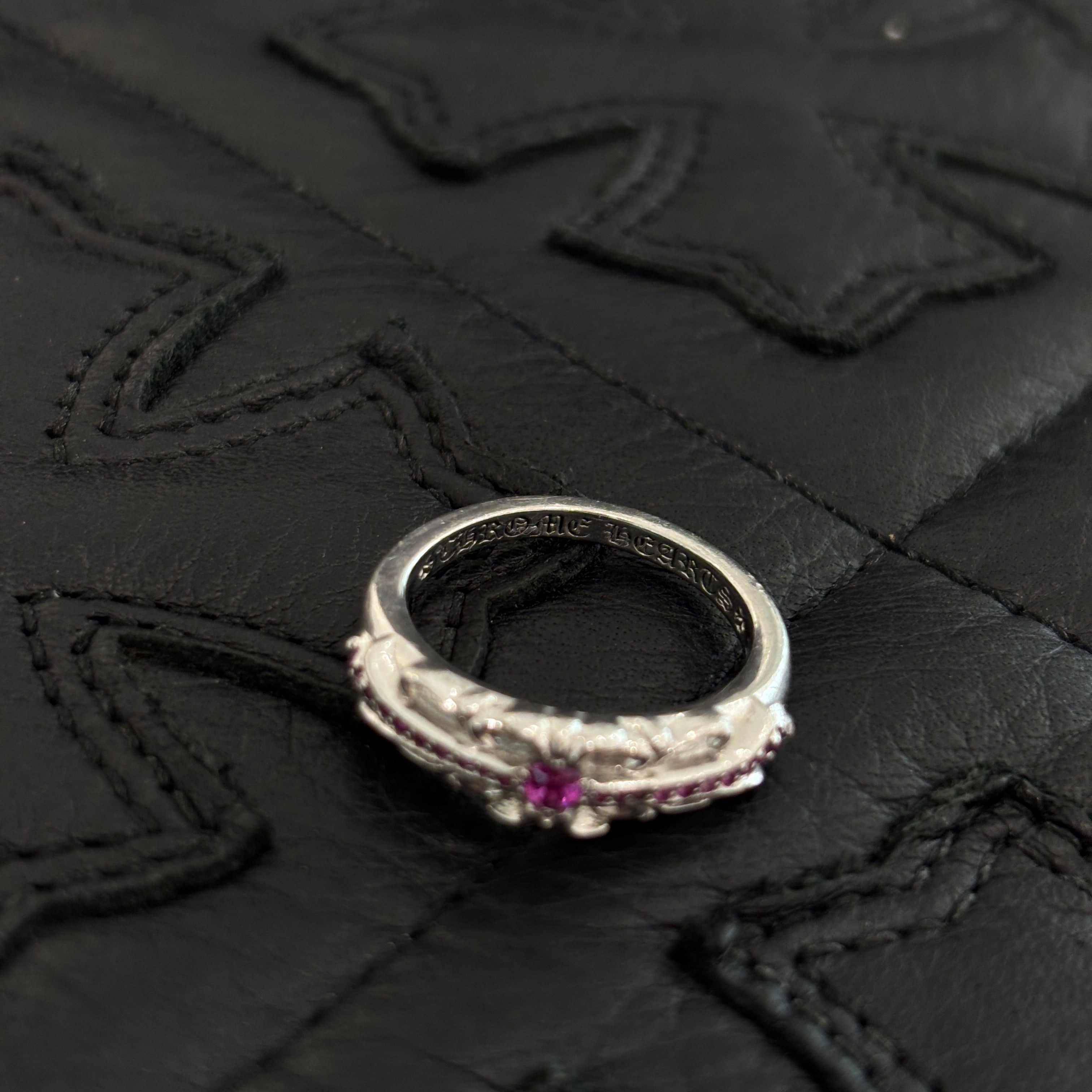CHROME HEARTS 18K WG Baby Classic Floral Cross Pave Ruby Ring 13号