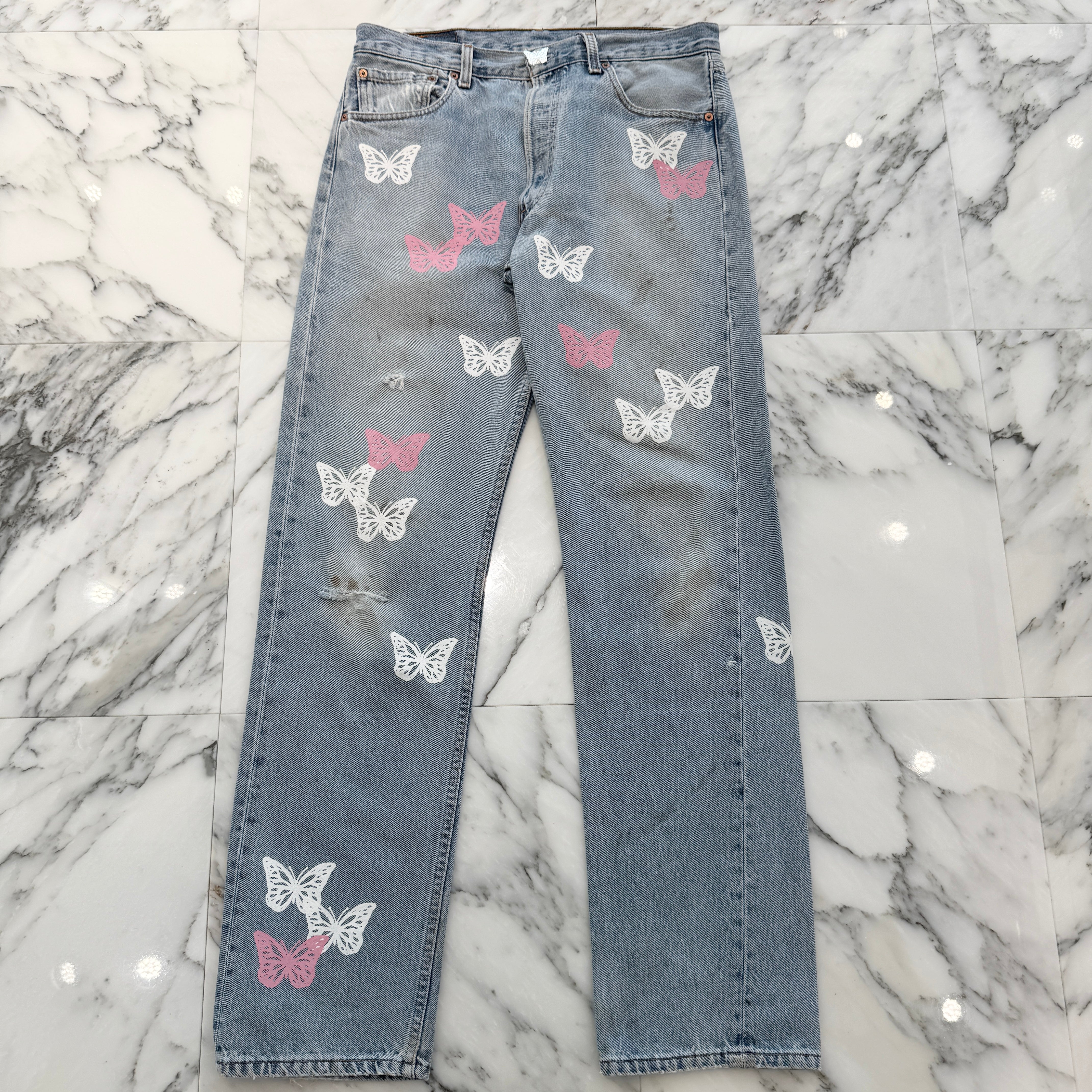 ABOUT DREAMS Butterfly Jeans Size W34 L34 アバウトドリームズ バタフライジーンズ インディゴ×ホワイト×ピンク サイズW34×L34