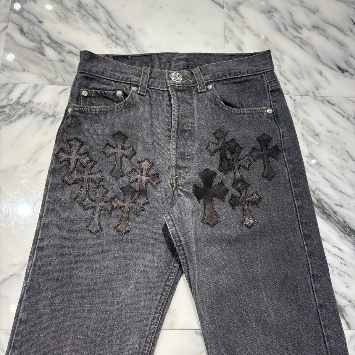 CHROME HEARTS Levi s 501 VNTG Cross Leather Patch Jeans Size 27 chrome-hearts-levi-s-501-vntg-cross-leather-patch-jeans-size-27