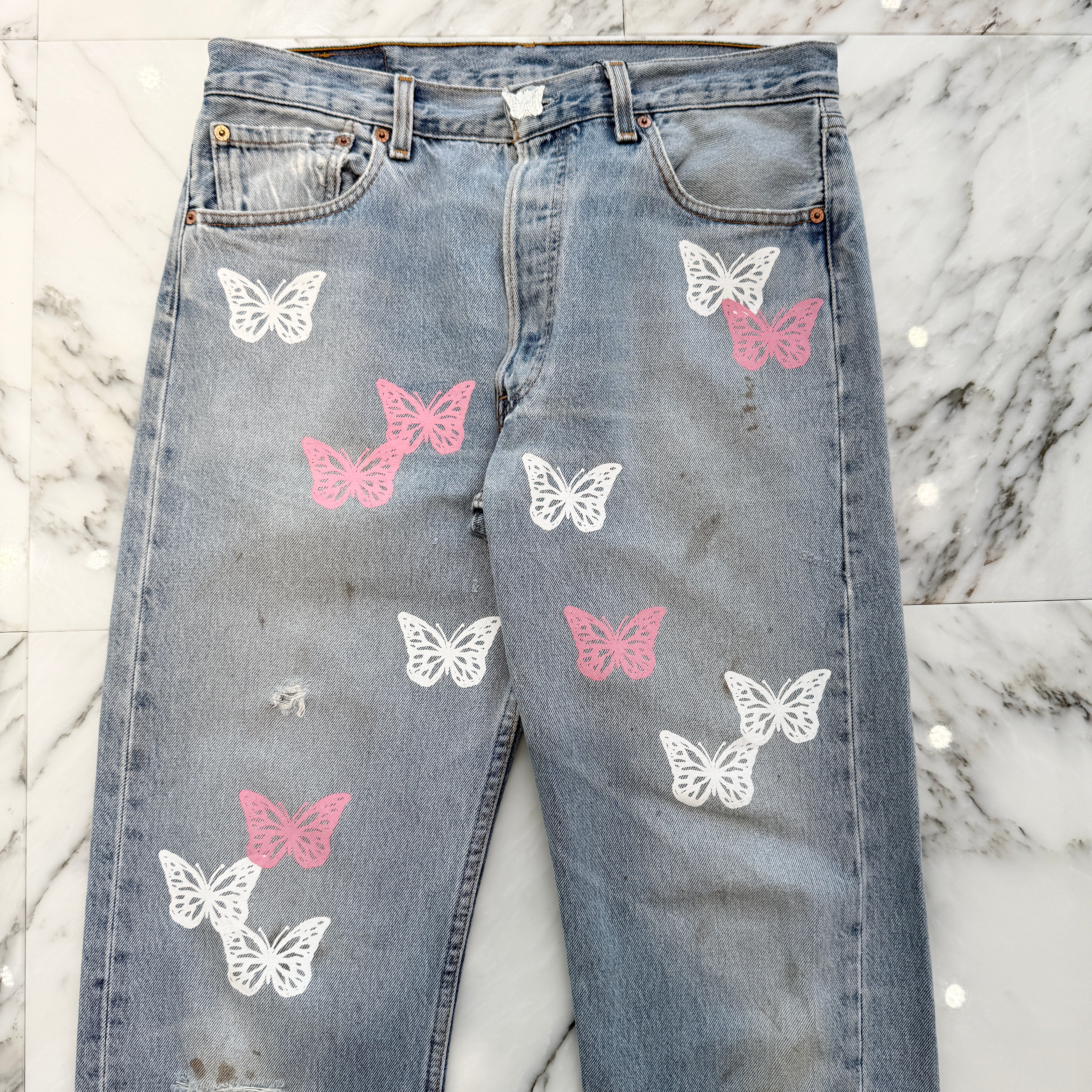 ABOUT DREAMS Butterfly Jeans Size W34 L34 アバウトドリームズ バタフライジーンズ インディゴ×ホワイト×ピンク サイズW34×L34
