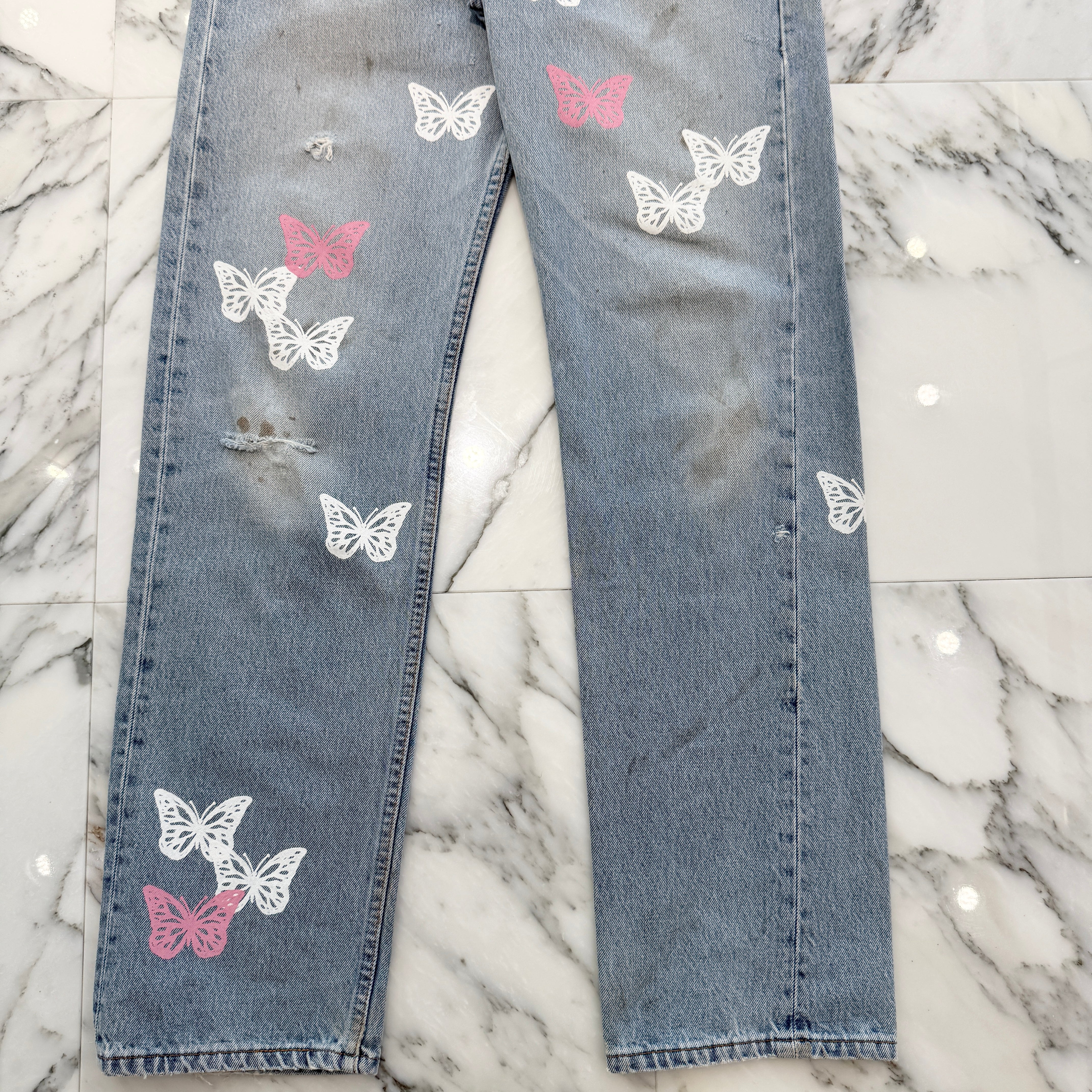 ABOUT DREAMS Butterfly Jeans Size W34 L34 アバウトドリームズ バタフライジーンズ インディゴ×ホワイト×ピンク サイズW34×L34