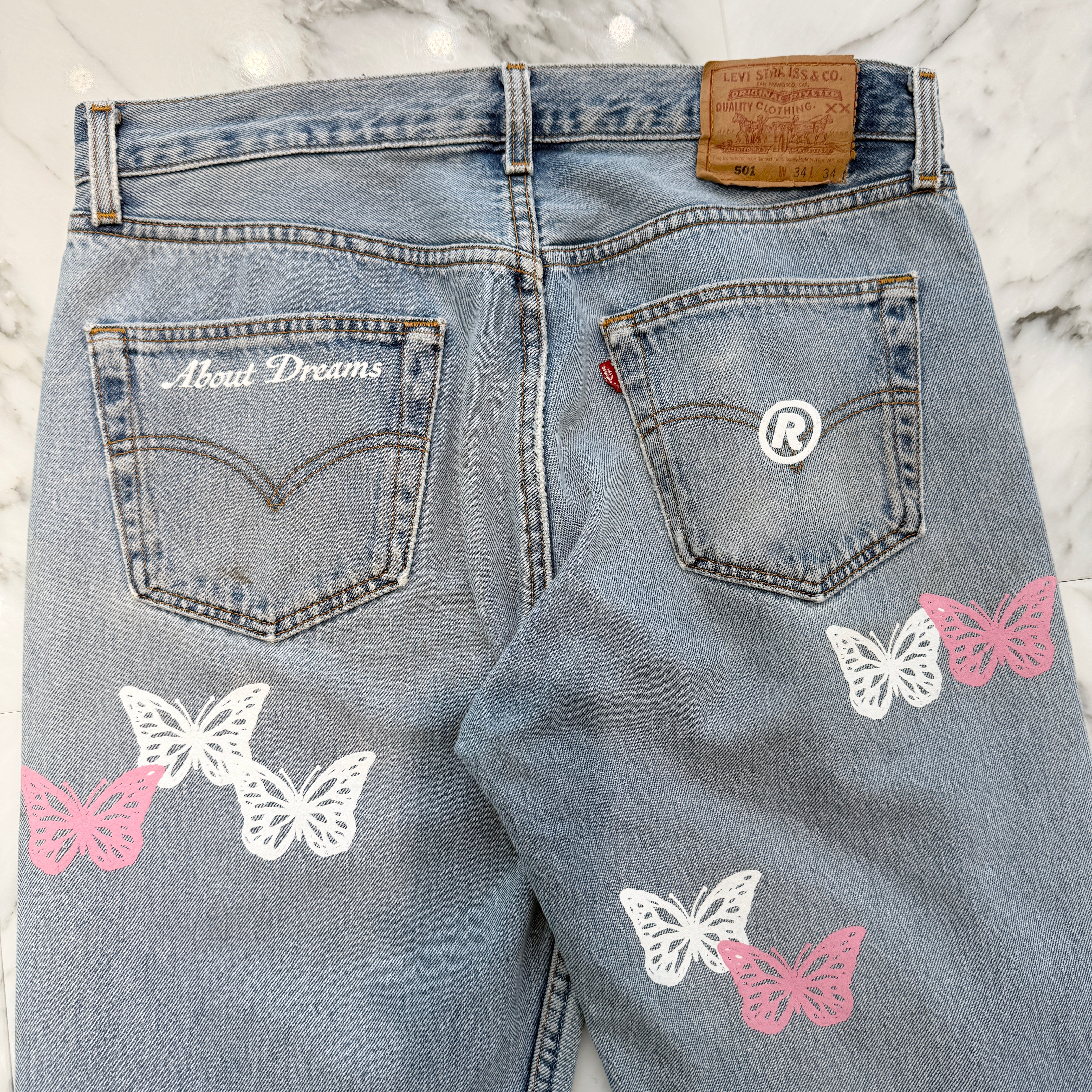 ABOUT DREAMS Butterfly Jeans Size W34 L34 アバウトドリームズ バタフライジーンズ インディゴ×ホワイト×ピンク サイズW34×L34