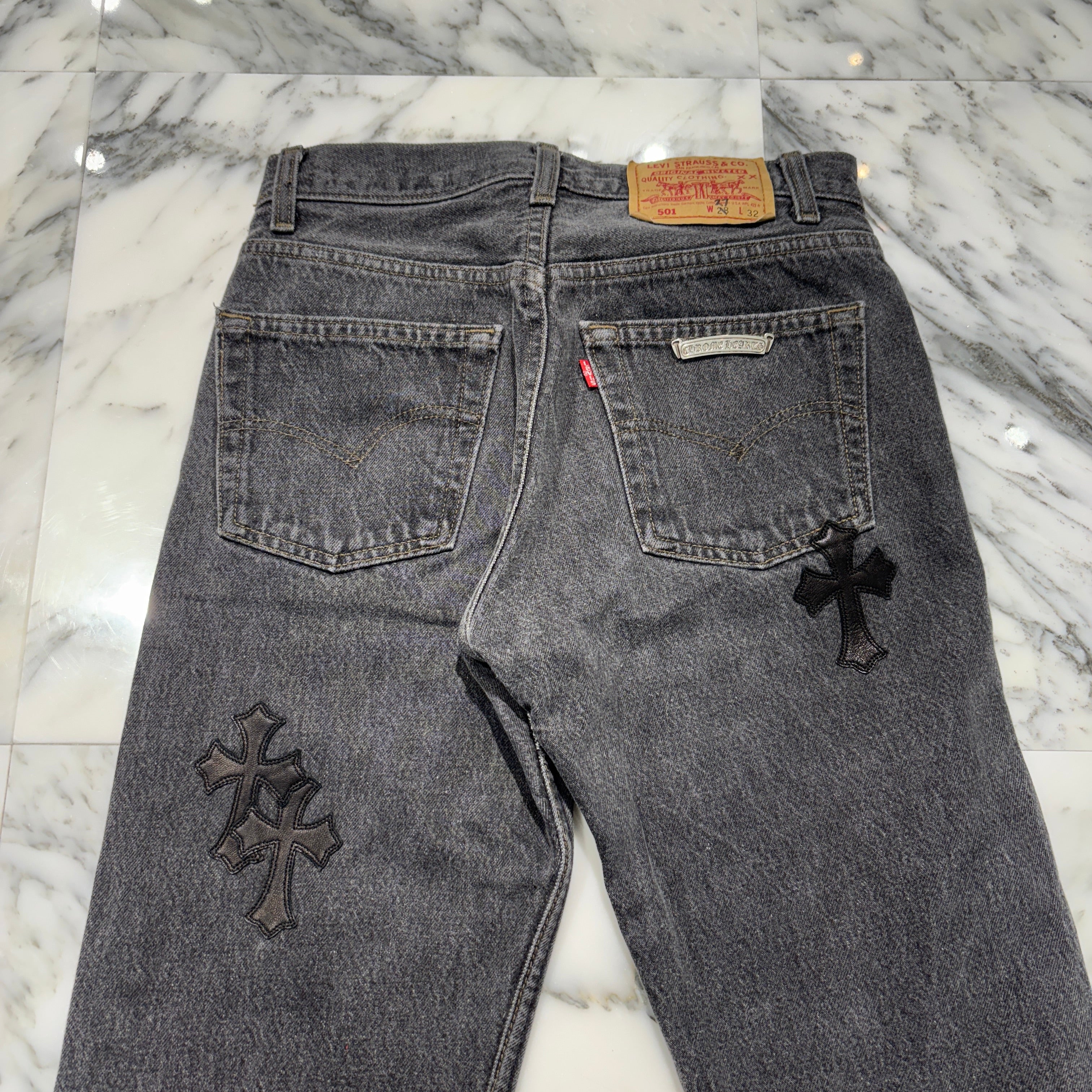 CHROME HEARTS × Levi's 501 VNTG Cross Leather Patch Jeans Size 27