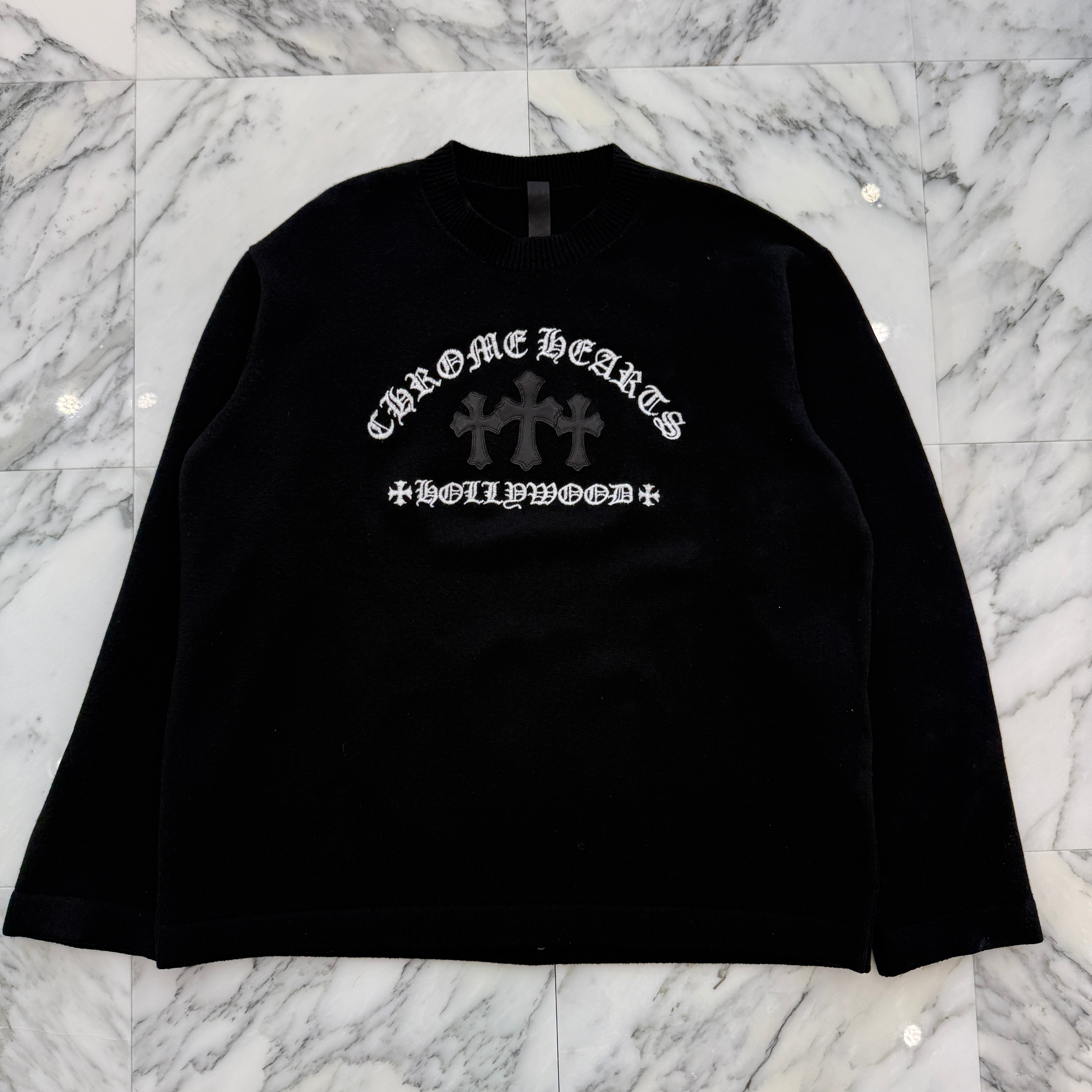CHROME HEARTS Y NOT King Taco 3 Cemetery Cross Leather Patch Cashmere Knit Sweater Size XXL クロムハーツ ワイノット キングタコ 3セメタリークロス レザーパッチ カシミヤ ニットセーター サイズXXL