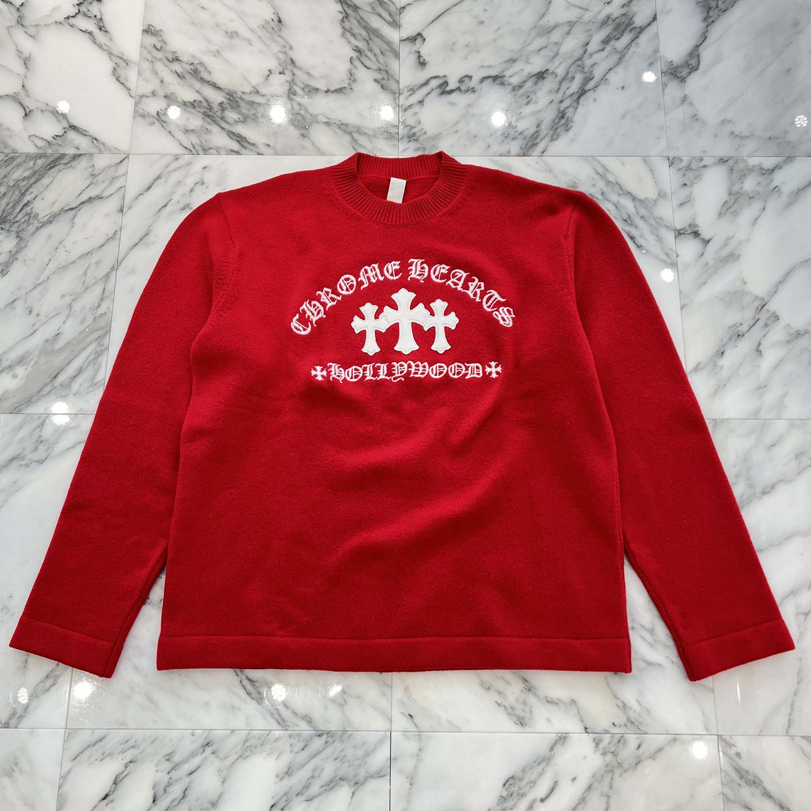 CHROME HEARTS Y NOT King Taco 3 Cemetery Cross Leather Patch Cashmere Knit Sweater Size L クロムハーツ ワイノット キングタコ 3セメタリークロス レザーパッチ カシミヤ ニットセーター サイズL