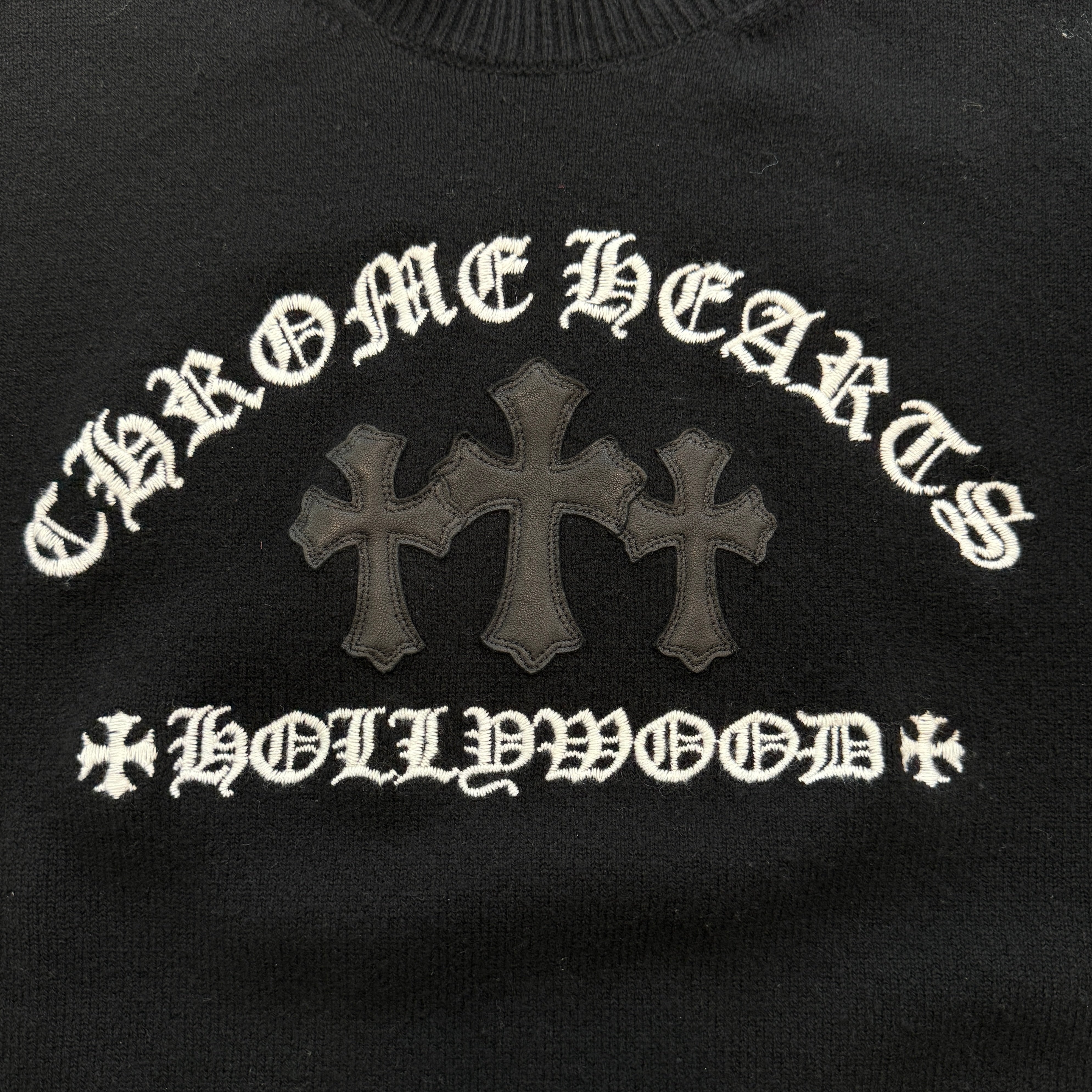 CHROME HEARTS Y NOT King Taco 3 Cemetery Cross Leather Patch Cashmere Knit Sweater Size XXL クロムハーツ ワイノット キングタコ 3セメタリークロス レザーパッチ カシミヤ ニットセーター サイズXXL