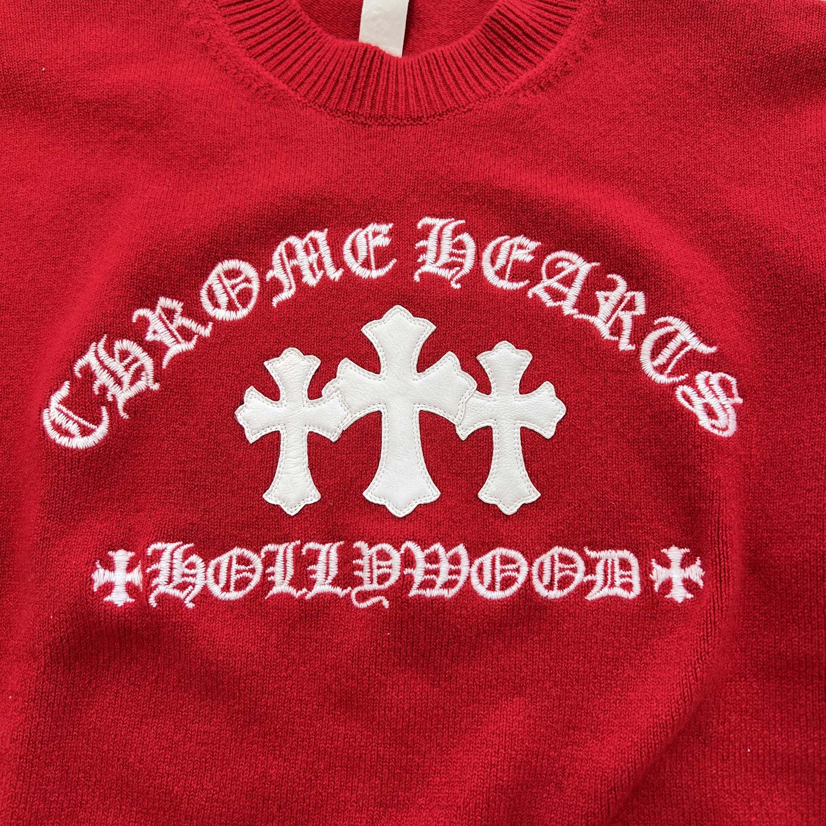 CHROME HEARTS Y NOT King Taco 3 Cemetery Cross Leather Patch Cashmere Knit Sweater Size L クロムハーツ ワイノット キングタコ 3セメタリークロス レザーパッチ カシミヤ ニットセーター サイズL