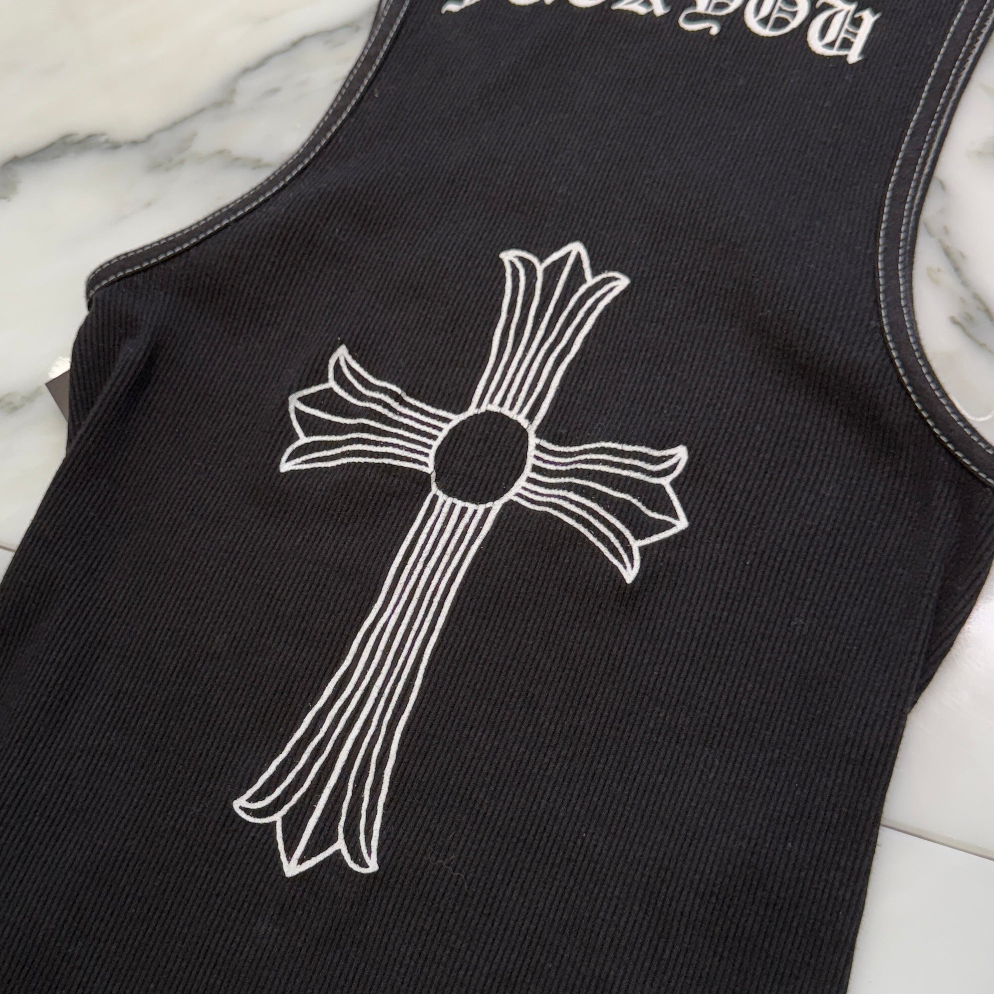 CHROME HEARTS Vertical Logo Back Cross Print Tank Top Size M クロムハーツ ヴァーティカルロゴ バッククロスプリント タンクトップ サイズM