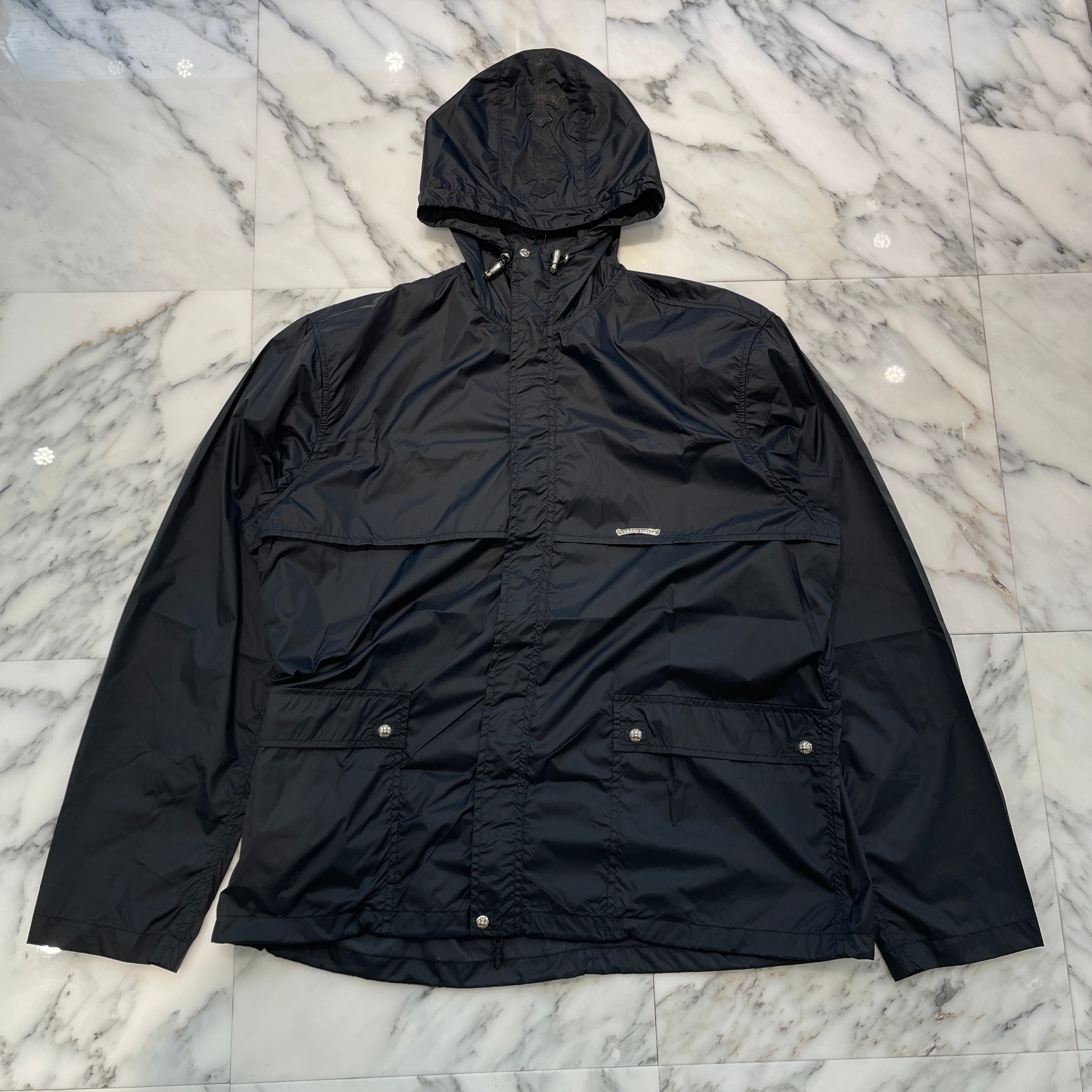 CHROME HEARTS Hooded Leather Cross Patch Nylon Zip Jacket Size L クロムハーツ フーデッド レザークロスパッチ ナイロンジップ ジャケット サイズL