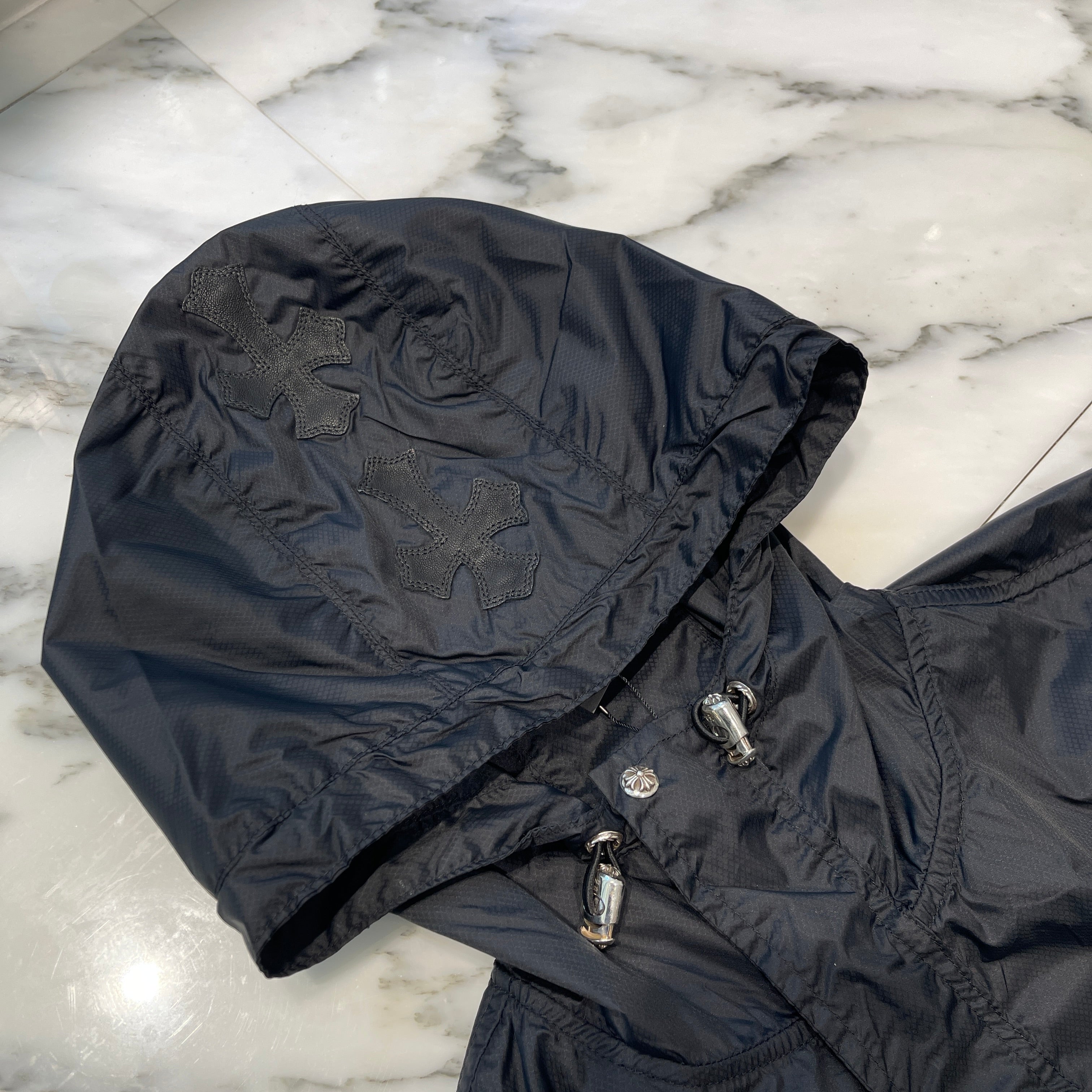 CHROME HEARTS Hooded Leather Cross Patch Nylon Zip Jacket Size L クロムハーツ フーデッド レザークロスパッチ ナイロンジップ ジャケット サイズL