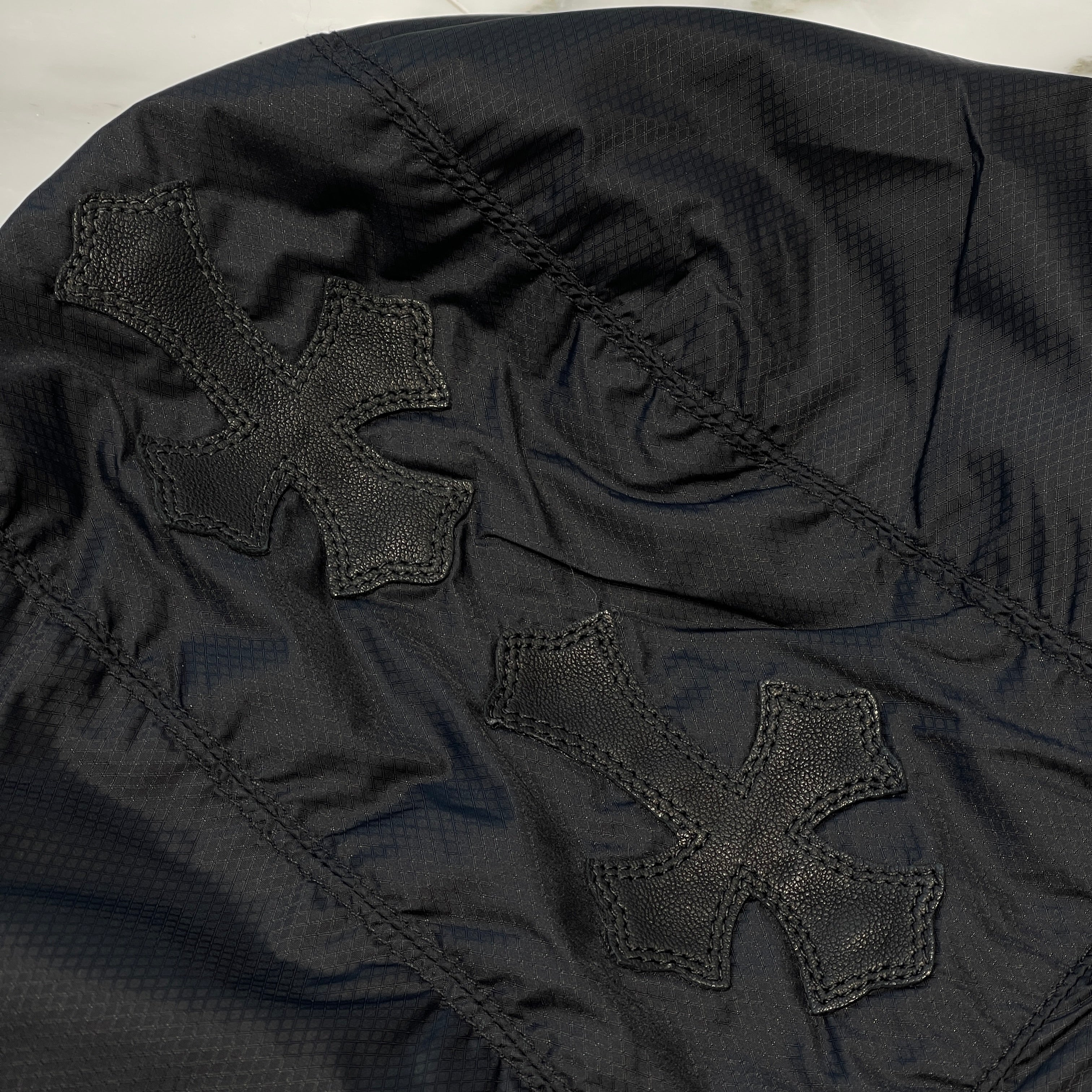 CHROME HEARTS Hooded Leather Cross Patch Nylon Zip Jacket Size M