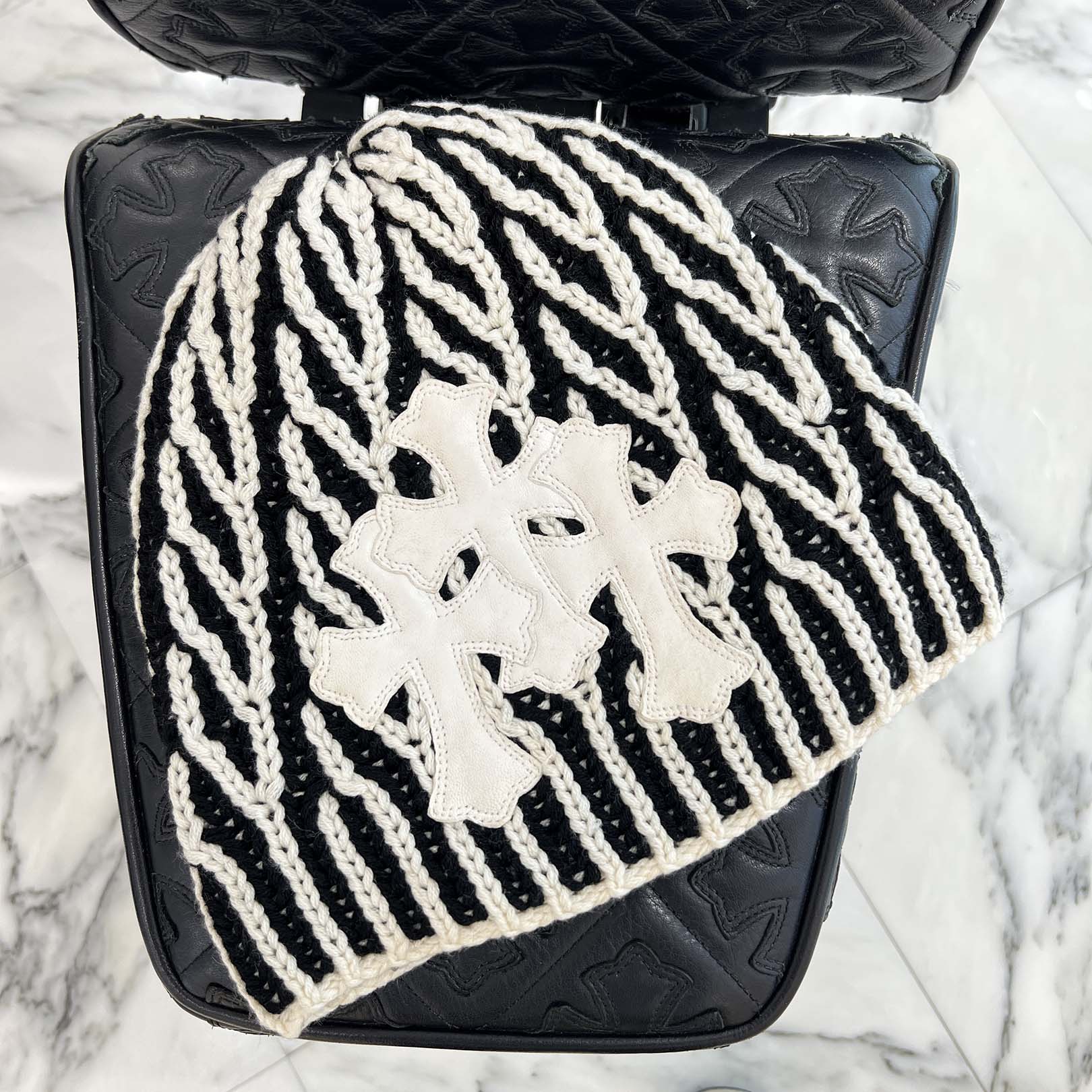 CHROME HEARTS 3 Cross Leather Patch Brioche knitting Cashmere Beanie Size ONESIZE (25cm) クロムハーツ 3クロスレザーパッチ ブリオッシュ編み カシミヤビーニー サイズONESIZE (25cm)