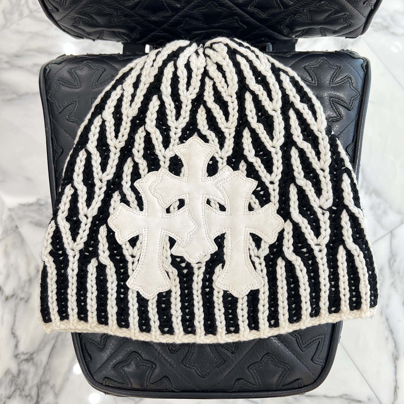CHROME HEARTS 3 Cross Leather Patch Brioche knitting Cashmere Beanie Size ONESIZE (25cm) クロムハーツ 3クロスレザーパッチ ブリオッシュ編み カシミヤビーニー サイズONESIZE (25cm)