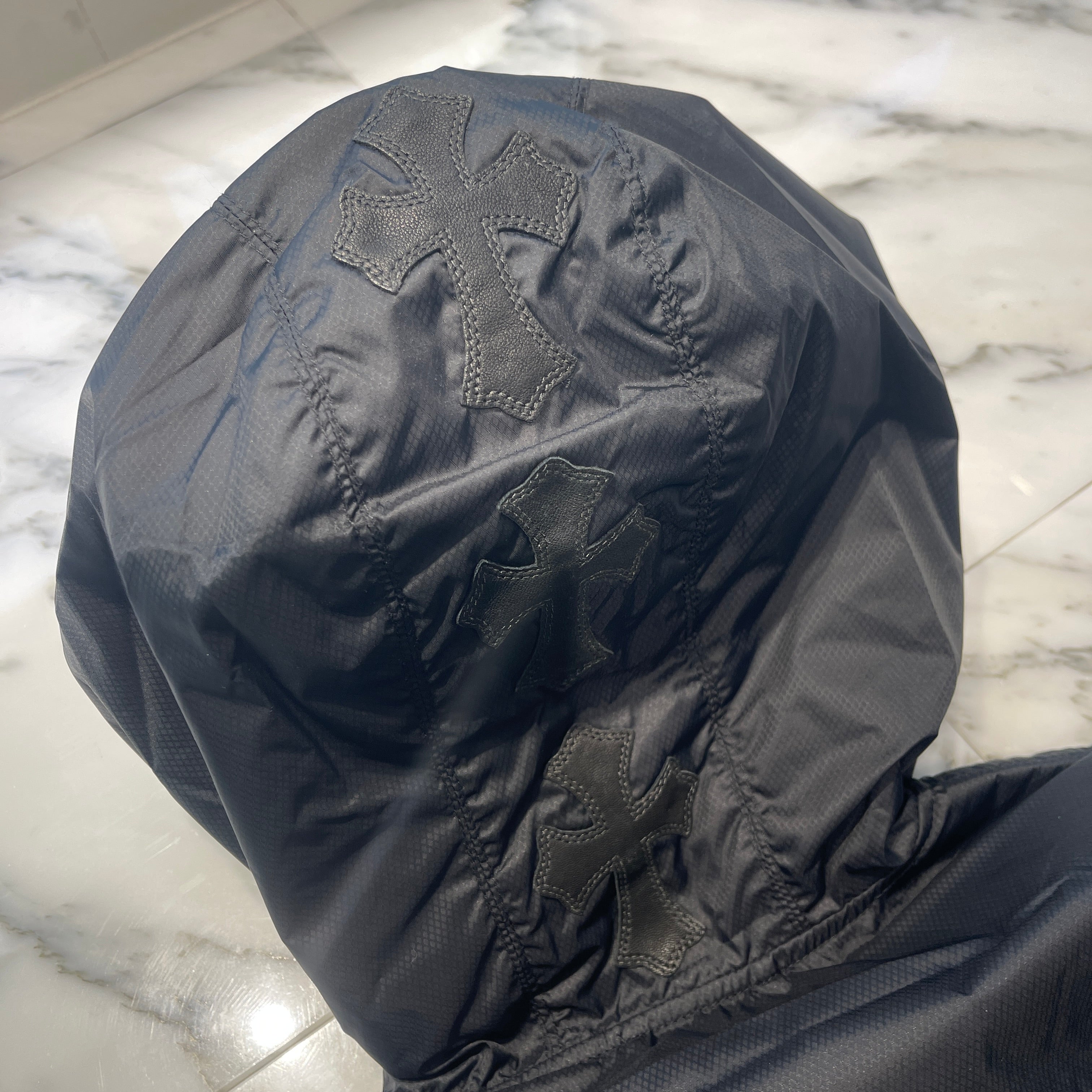 CHROME HEARTS Hooded Leather Cross Patch Nylon Zip Jacket Size M