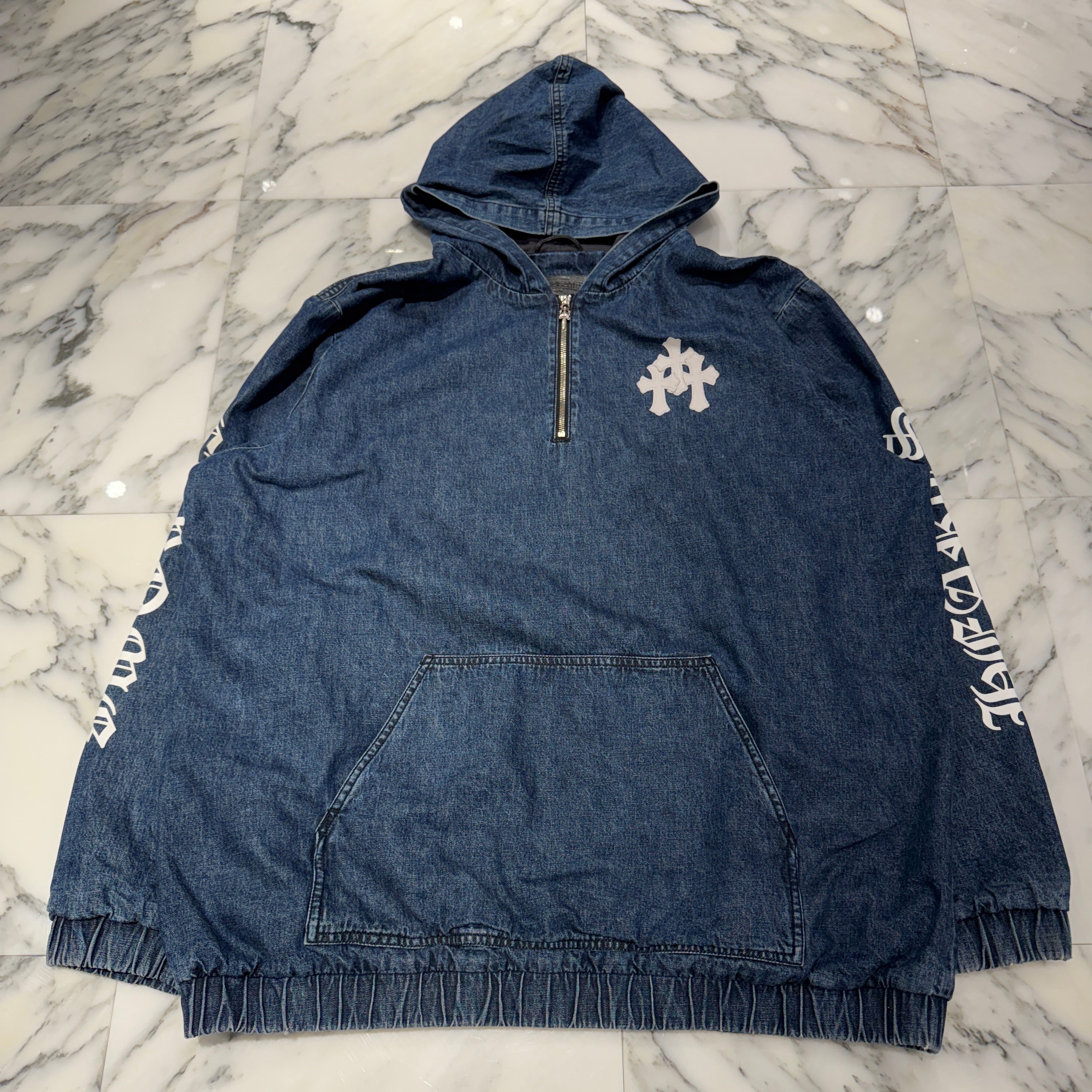 CHROME HEARTS 2024AW Leather Cemetery Triple Cross Denim Anorak Jacket Size XL クロムハーツ レザーセメタリートリプルクロス デニム アノラック ジャケット サイズXL