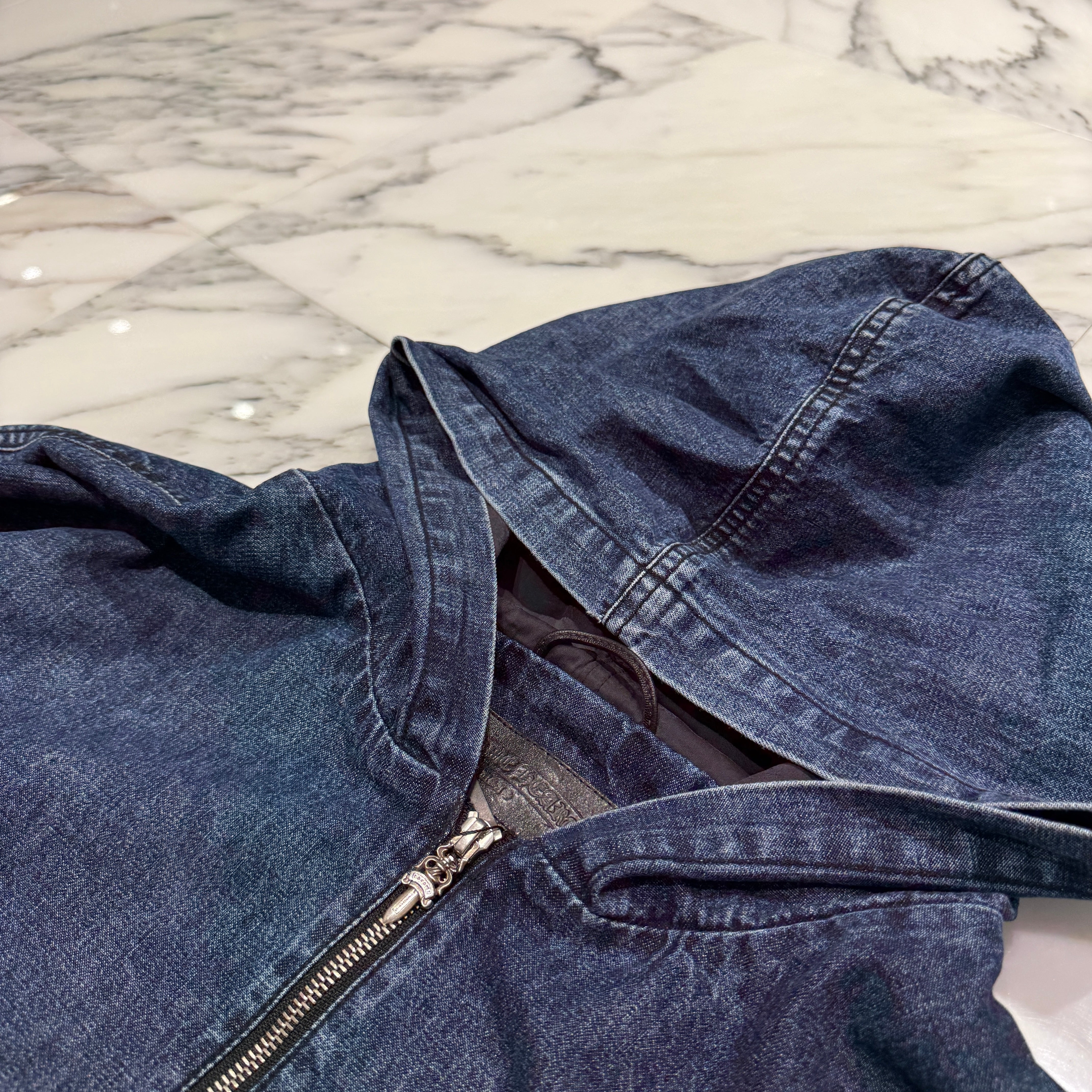 CHROME HEARTS 2024AW Leather Cemetery Triple Cross Denim Anorak Jacket Size XL クロムハーツ レザーセメタリートリプルクロス デニム アノラック ジャケット サイズXL