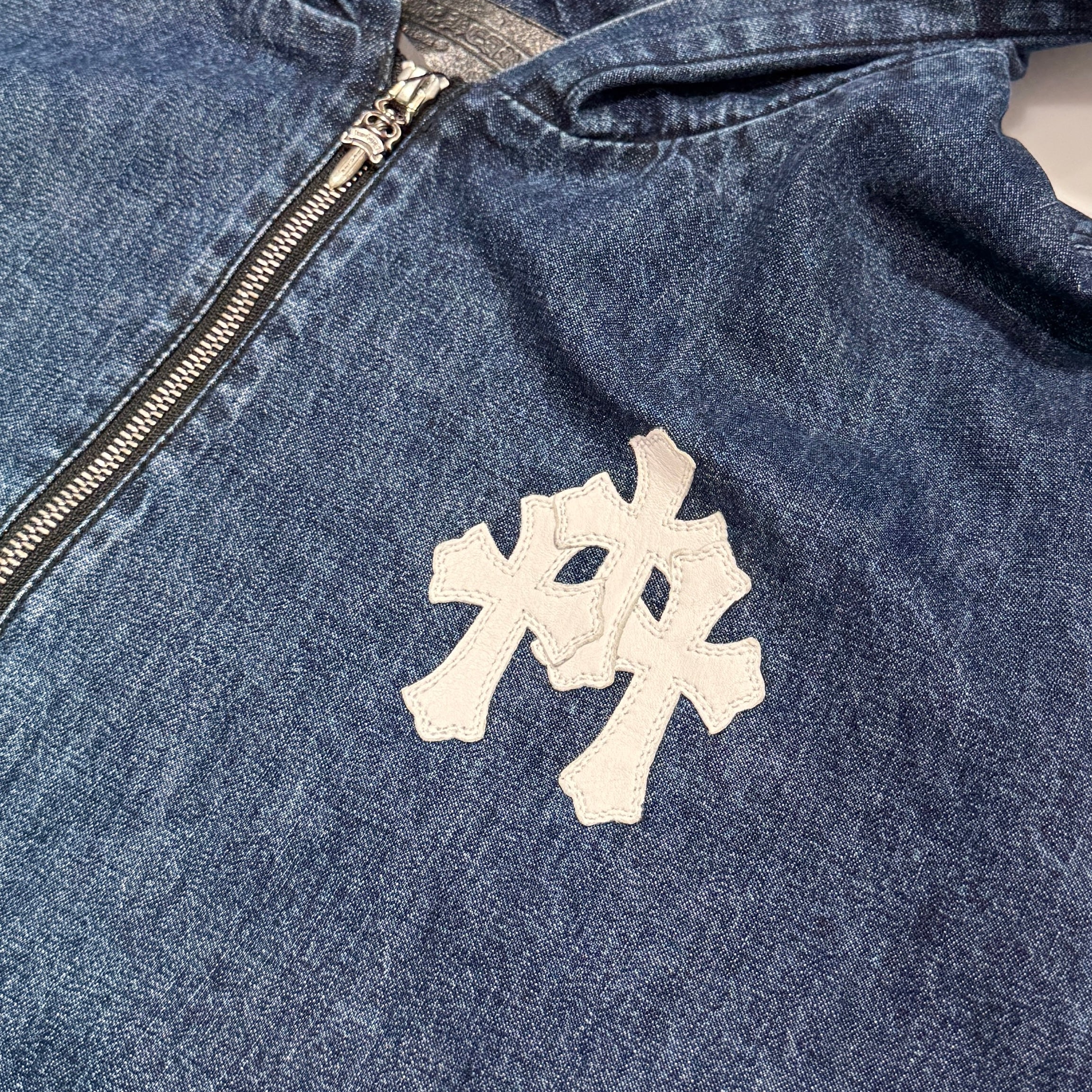 CHROME HEARTS 2024AW Leather Cemetery Triple Cross Denim Anorak Jacket Size XL クロムハーツ レザーセメタリートリプルクロス デニム アノラック ジャケット サイズXL