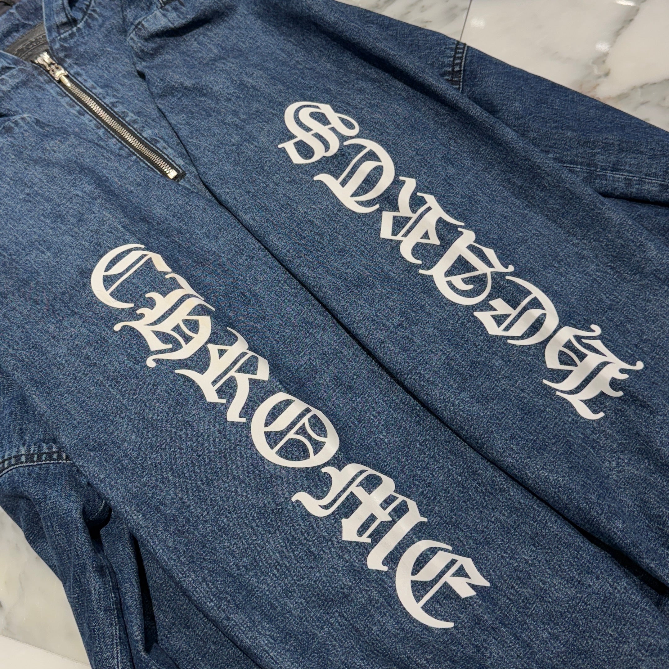 CHROME HEARTS 2024AW Leather Cemetery Triple Cross Denim Anorak Jacket Size XL クロムハーツ レザーセメタリートリプルクロス デニム アノラック ジャケット サイズXL