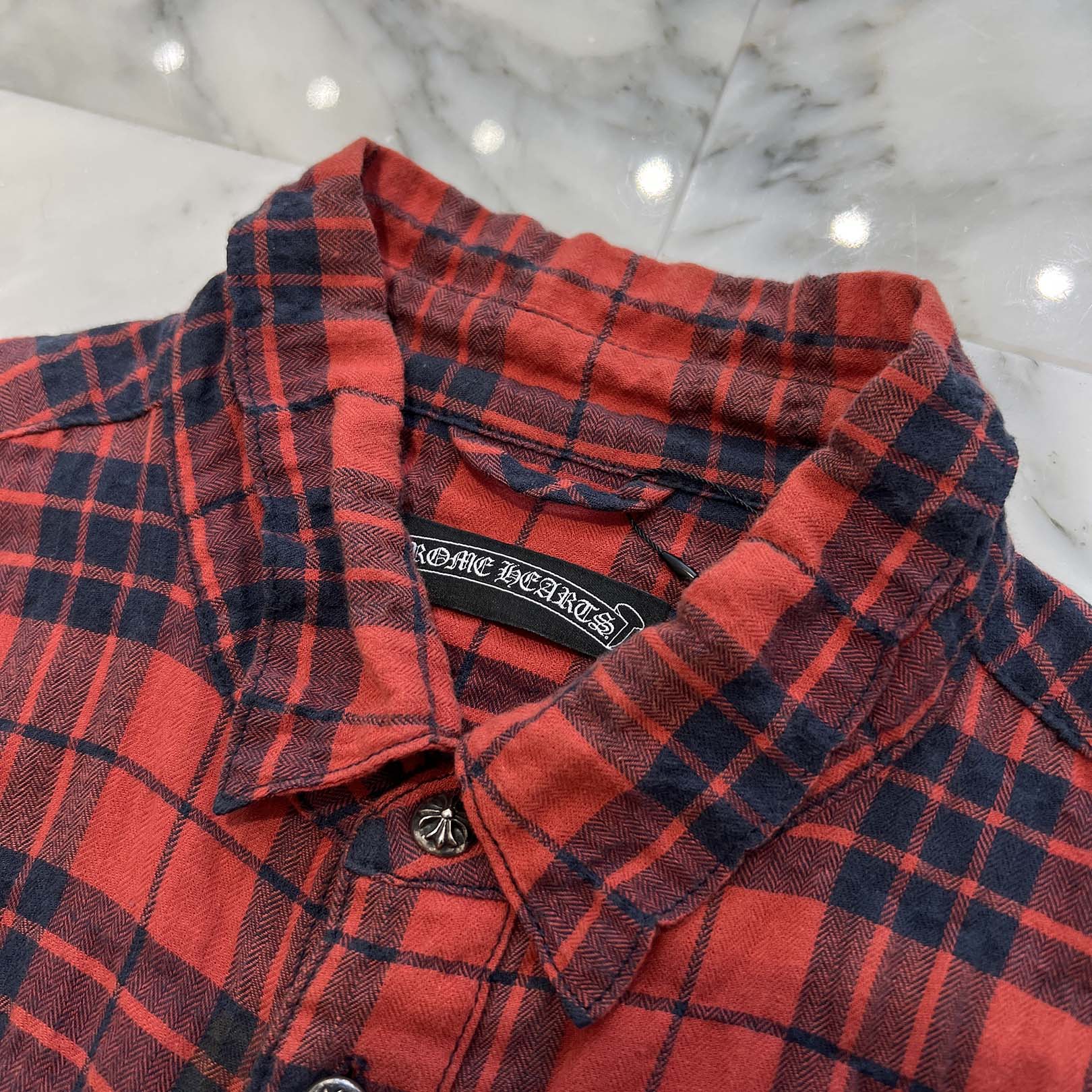 CHROME HEARTS Cross Ball Button Leather Cross Patch Check Shirt Size M クロムハーツ クロスボールボタン レザークロスパッチ チェックシャツ サイズM