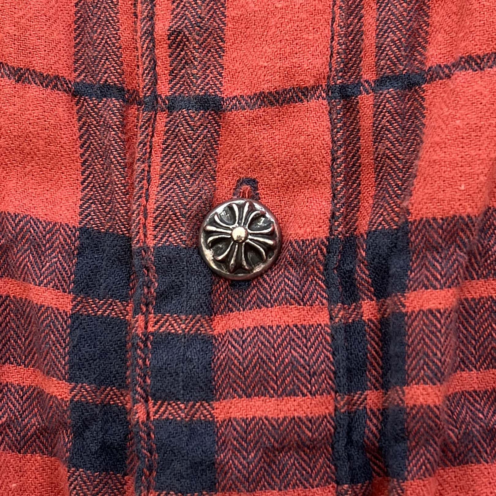 CHROME HEARTS Cross Ball Button Leather Cross Patch Check Shirt