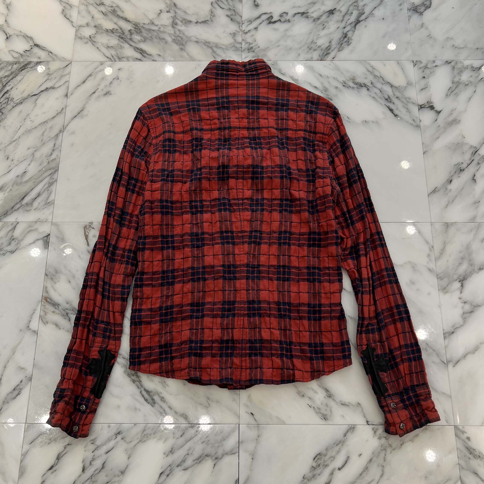 CHROME HEARTS Cross Ball Button Leather Cross Patch Check Shirt